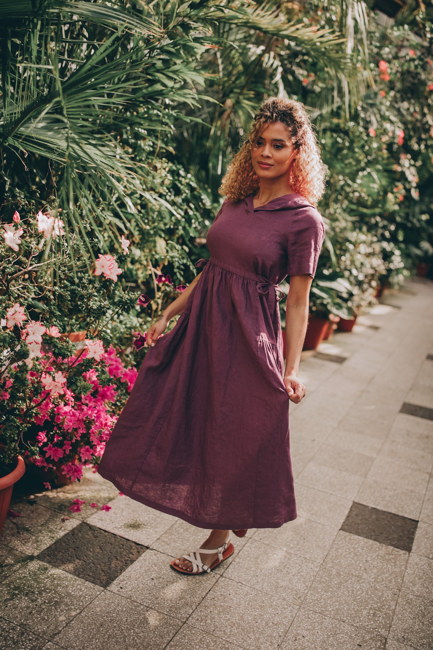 Hooded Linen Midi Dress, Purple Linen Dress for Women, Short Sleeve Linen Dress with Adjustable Waist Ties, Summer Midi Dress with Pockets, XS / Rusty Hooded Linen Midi Dress, Purple Linen Dress for Women, Short Sleeve Linen Dress with Adjustable Waist Ties, Summer Midi Dress with Pockets, XS / Rusty