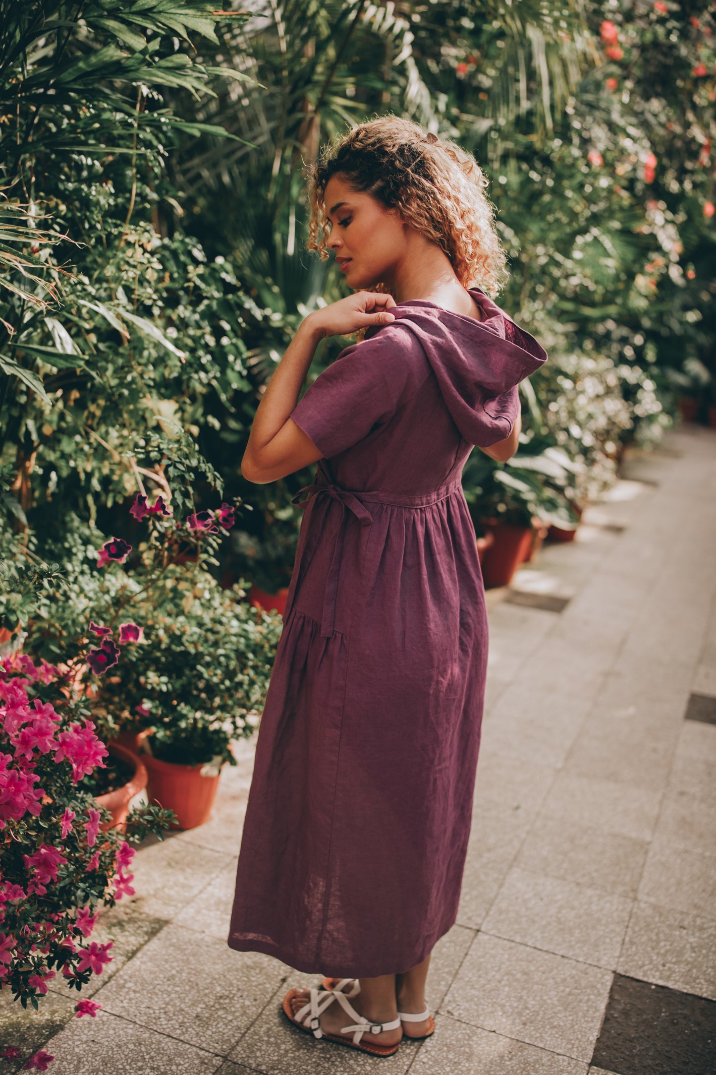 Hooded Linen Midi Dress, Purple Linen Dress for Women, Short Sleeve Linen Dress with Adjustable Waist Ties, Summer Midi Dress with Pockets, XS / Rusty Hooded Linen Midi Dress, Purple Linen Dress for Women, Short Sleeve Linen Dress with Adjustable Waist Ties, Summer Midi Dress with Pockets, XS / Rusty