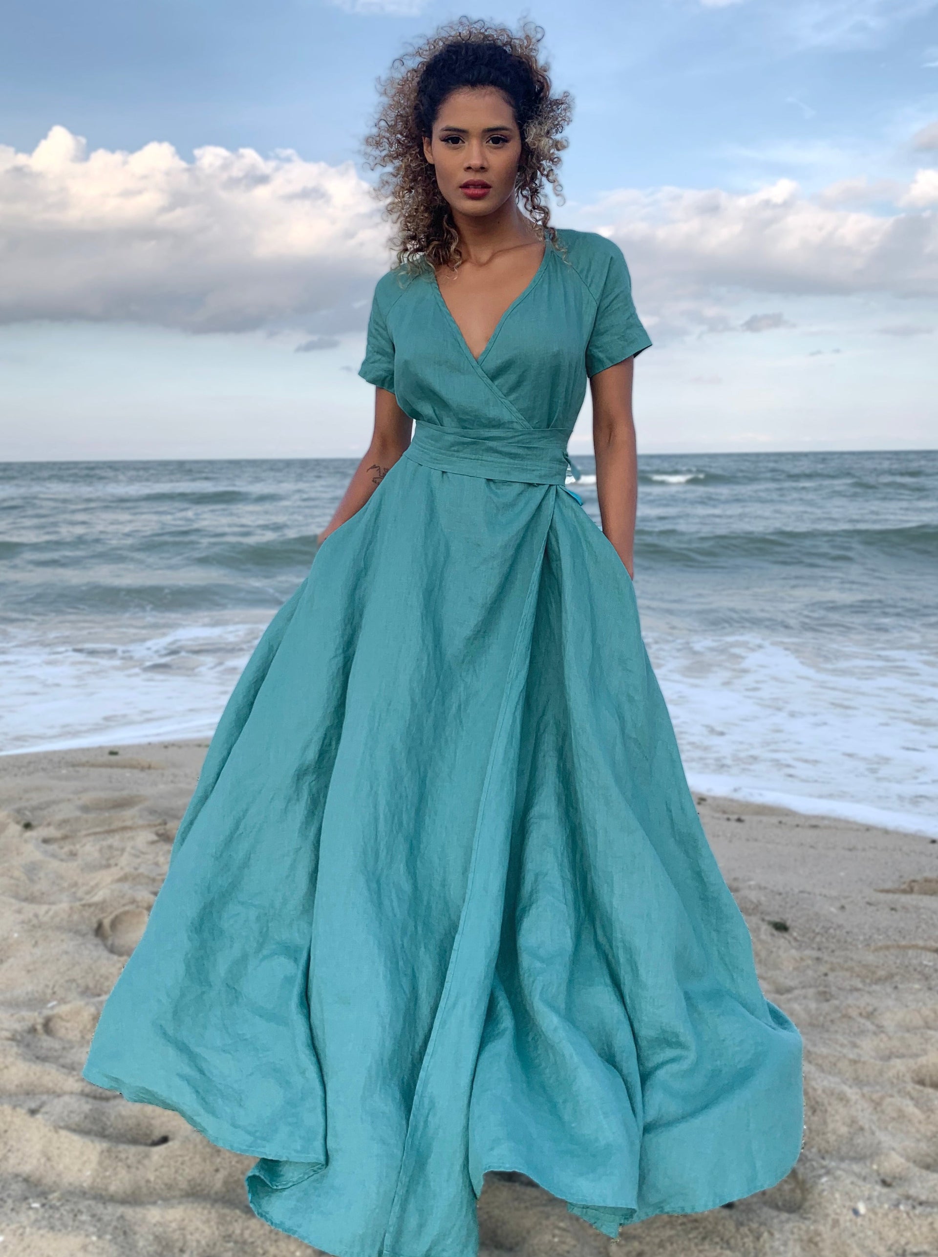 Linen Wrap Dress, Summer Maxi Dress with Belt, Bohemian Linen Dress, Formal Linen Dress for Women, Linen Clothing, Plus Size Maxi Dress, XL / Night