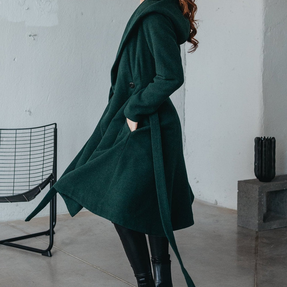 Merino Wool Flared Coat with Long Belt, VisibleArtShop