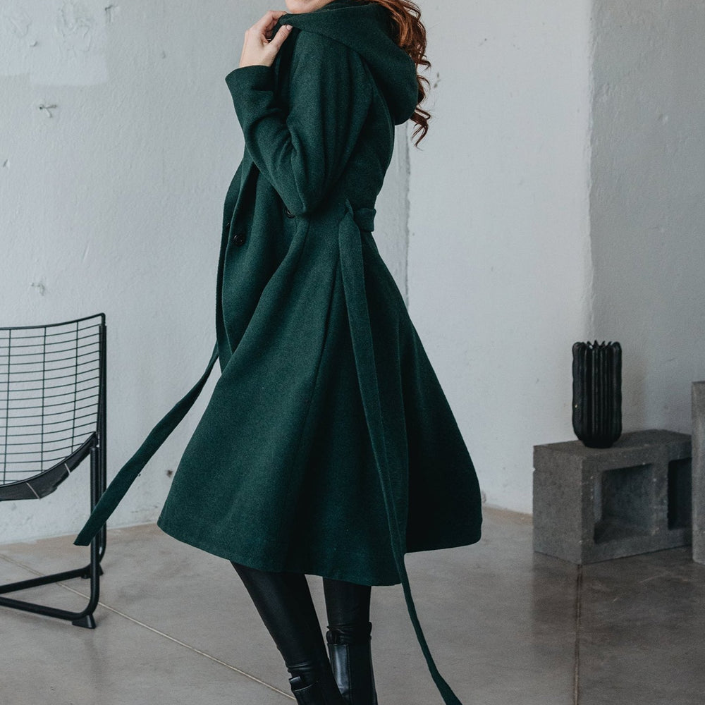 Merino Wool Flared Coat with Long Belt, VisibleArtShop