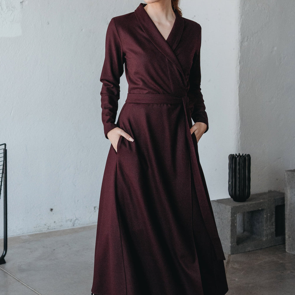 VisibleArt women's wool wrap dress with shawl collar and side pockets; burgundy