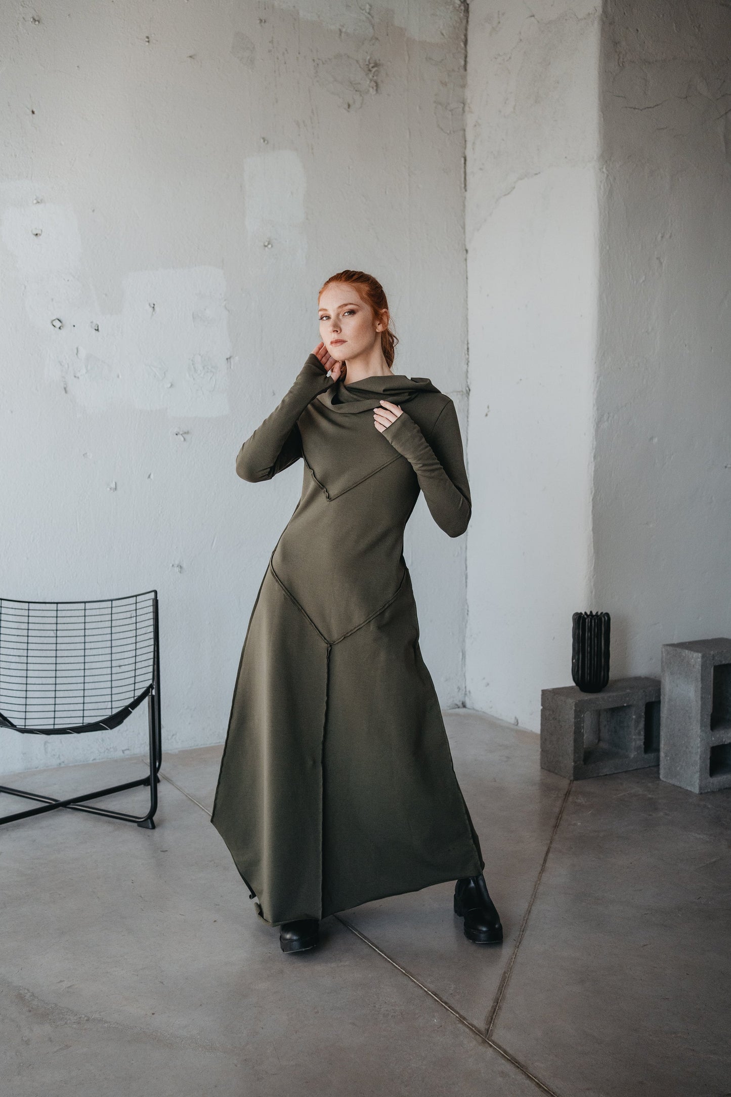 long hooded maxi dress Hooded Maxi Dress (805-BLACK)