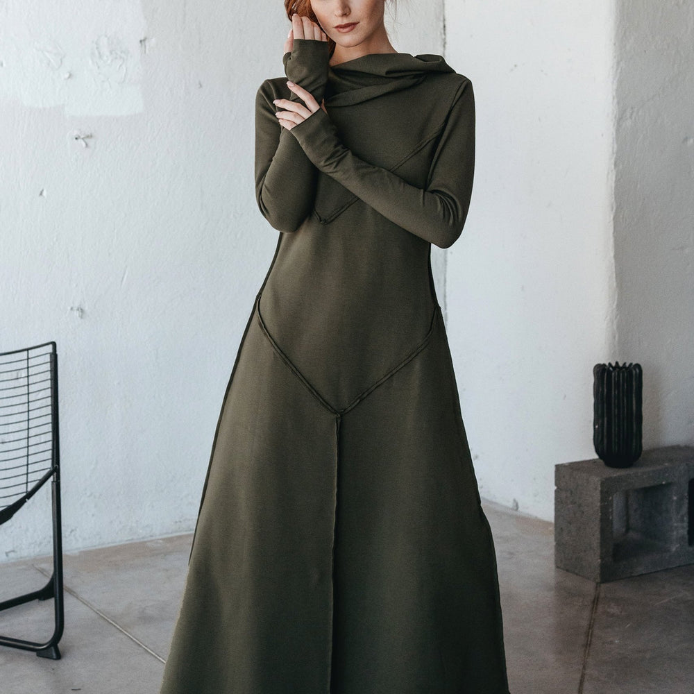 VisibleArt women's long wool dress with hood; military green color