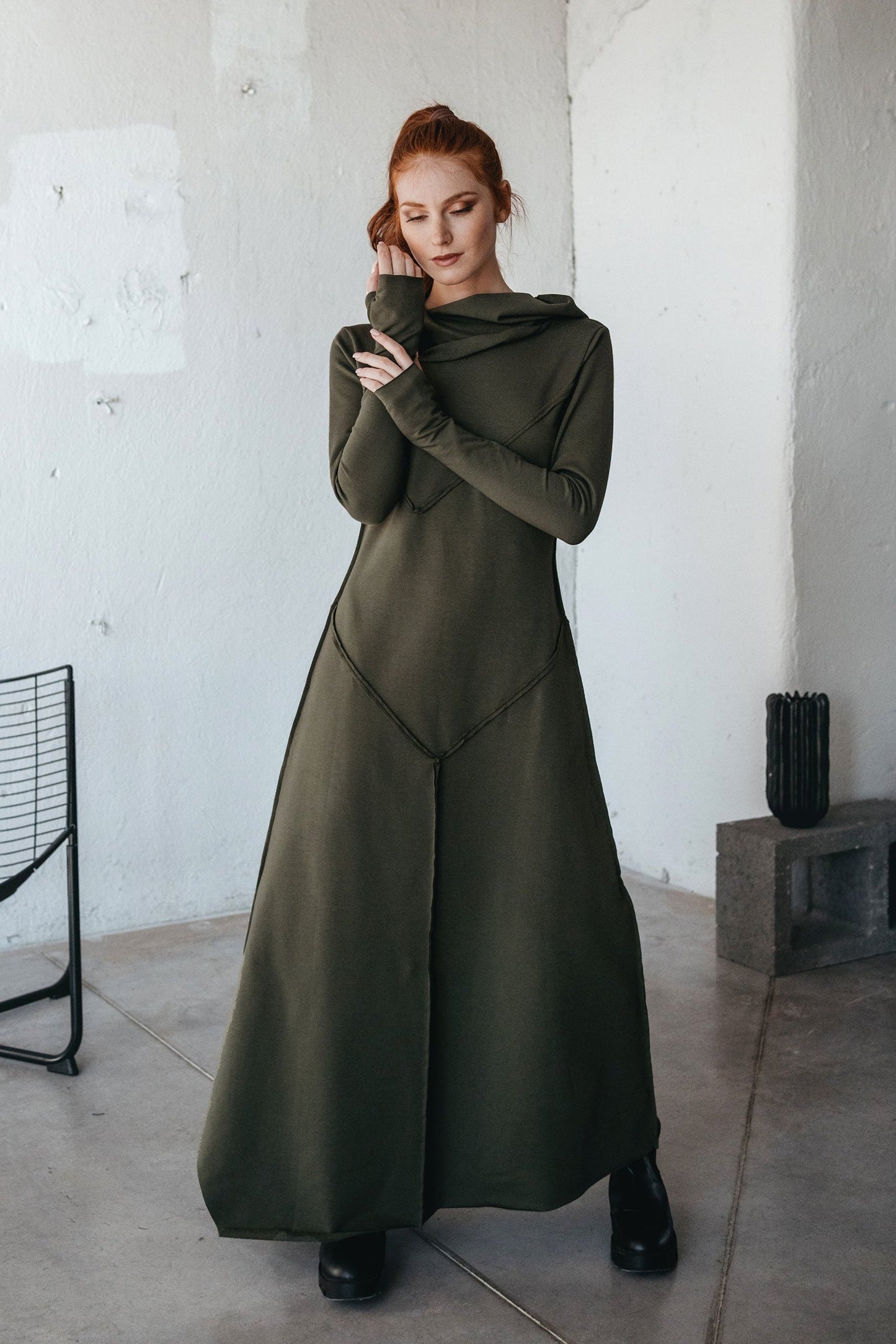 VisibleArt women's long wool dress with hood; military green color