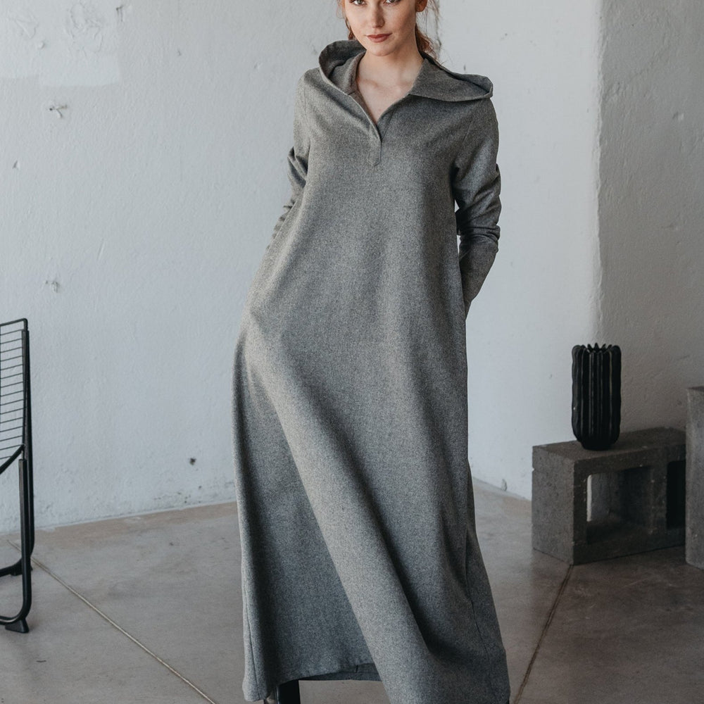 VisibleArt women's wool hooded maxi dress with long sleeves; gray