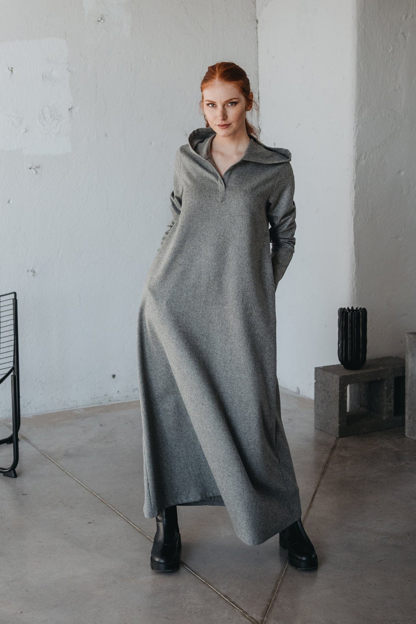 wool maxi dress Hooded Wool Maxi Dress, Warm Wool Dress, Hooded Maxi Dress, Winter Dress for Women, Casual Maxi Dress, Loose Cozy Dress, XL / Black with Belt