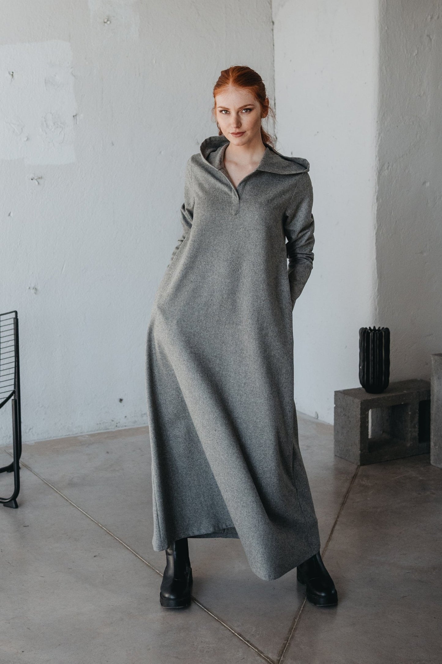 VisibleArt women's wool hooded maxi dress with long sleeves; gray