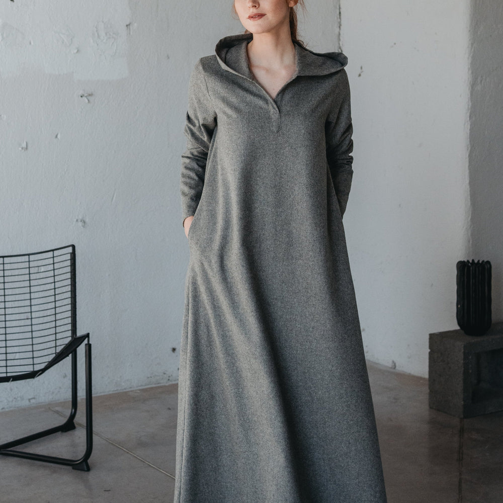 VisibleArt women's wool hooded maxi dress with long sleeves; gray