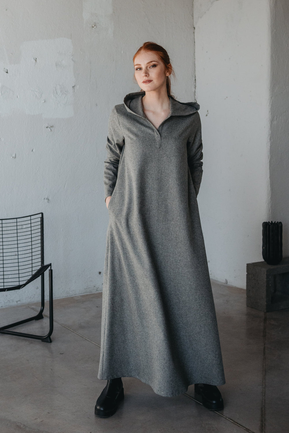 VisibleArt women's wool hooded maxi dress with long sleeves; gray