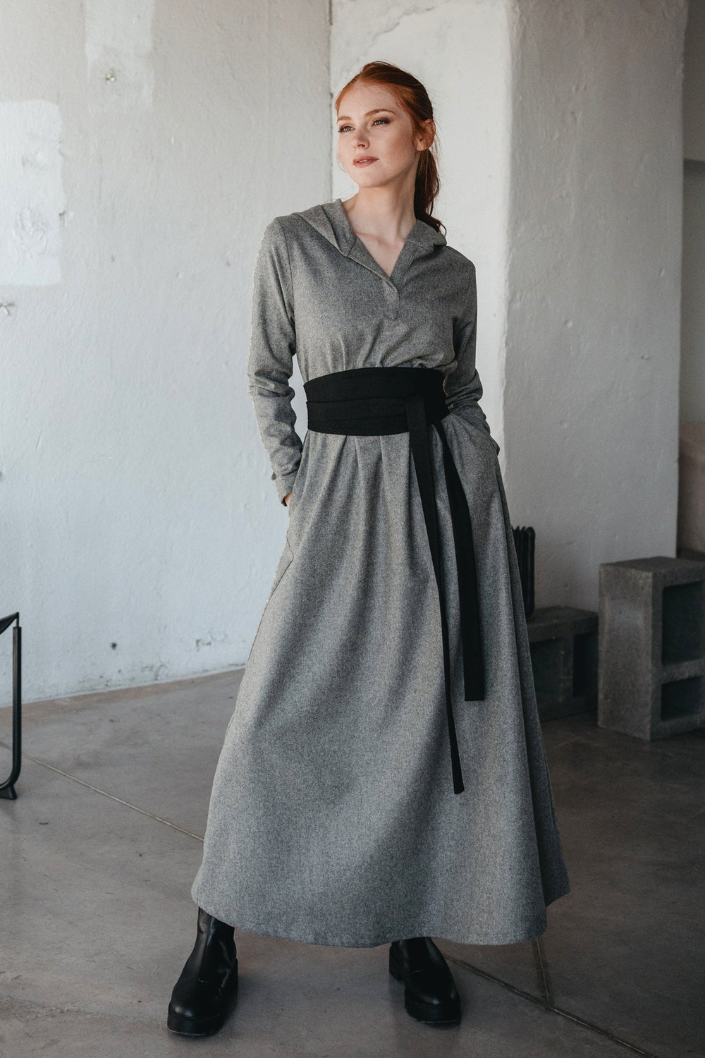 Hooded Wool Maxi Dress, VisibleArtShop