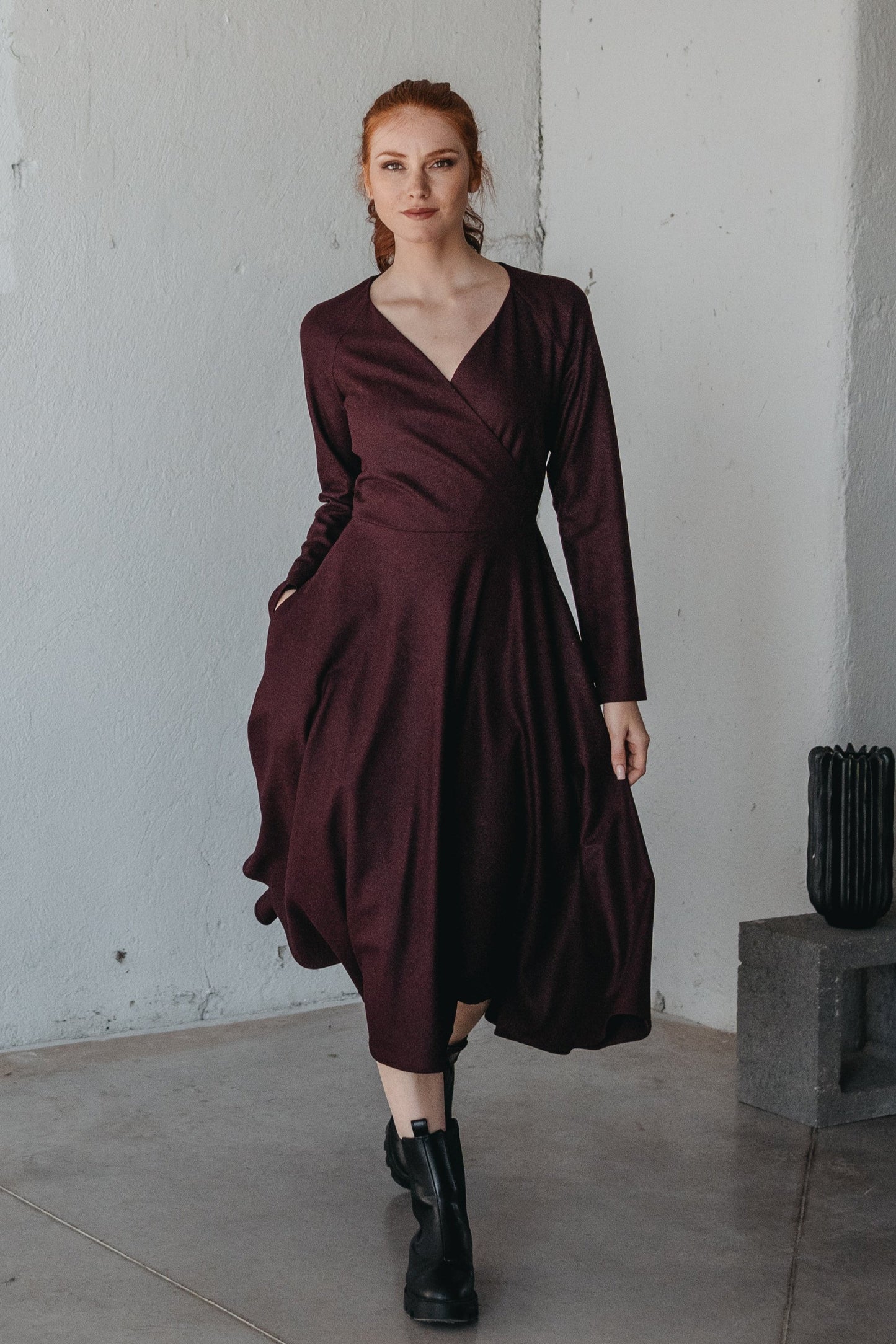 Burgundy Wool Winter Dress for Women, Fall Midi Dress with Pockets, Classic Wool Dress, Wool Clothing, Winter Warm Formal Dress, XL / Dark Green with Burgundy Wool Winter Dress for Women, Fall Midi Dress with Pockets, Classic Wool Dress, Wool Clothing, Winter Warm Formal Dress, XL / Dark Green with