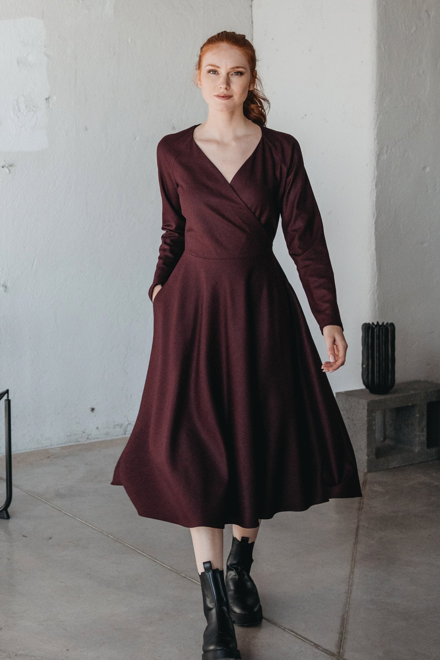 Wool Wrap-Top Dress Cozy Midi Length Winter Dress for Elegance