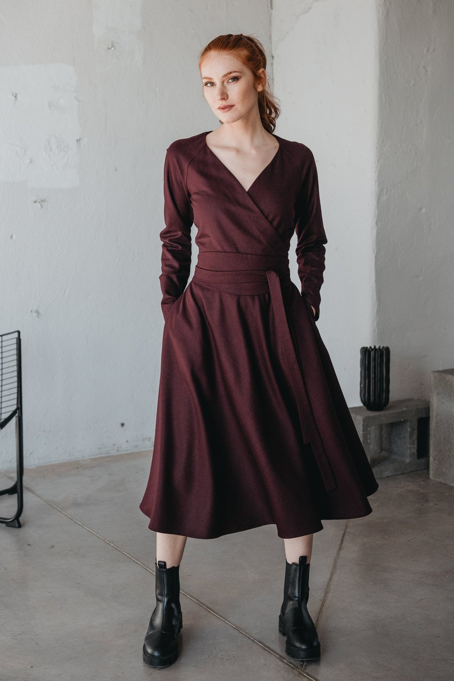 Burgundy Wool Winter Dress for Women, Fall Midi Dress with Pockets, Classic Wool Dress, Wool Clothing, Winter Warm Formal Dress, XL / Dark Green with Burgundy Wool Winter Dress for Women, Fall Midi Dress with Pockets, Classic Wool Dress, Wool Clothing, Winter Warm Formal Dress, XL / Dark Green with