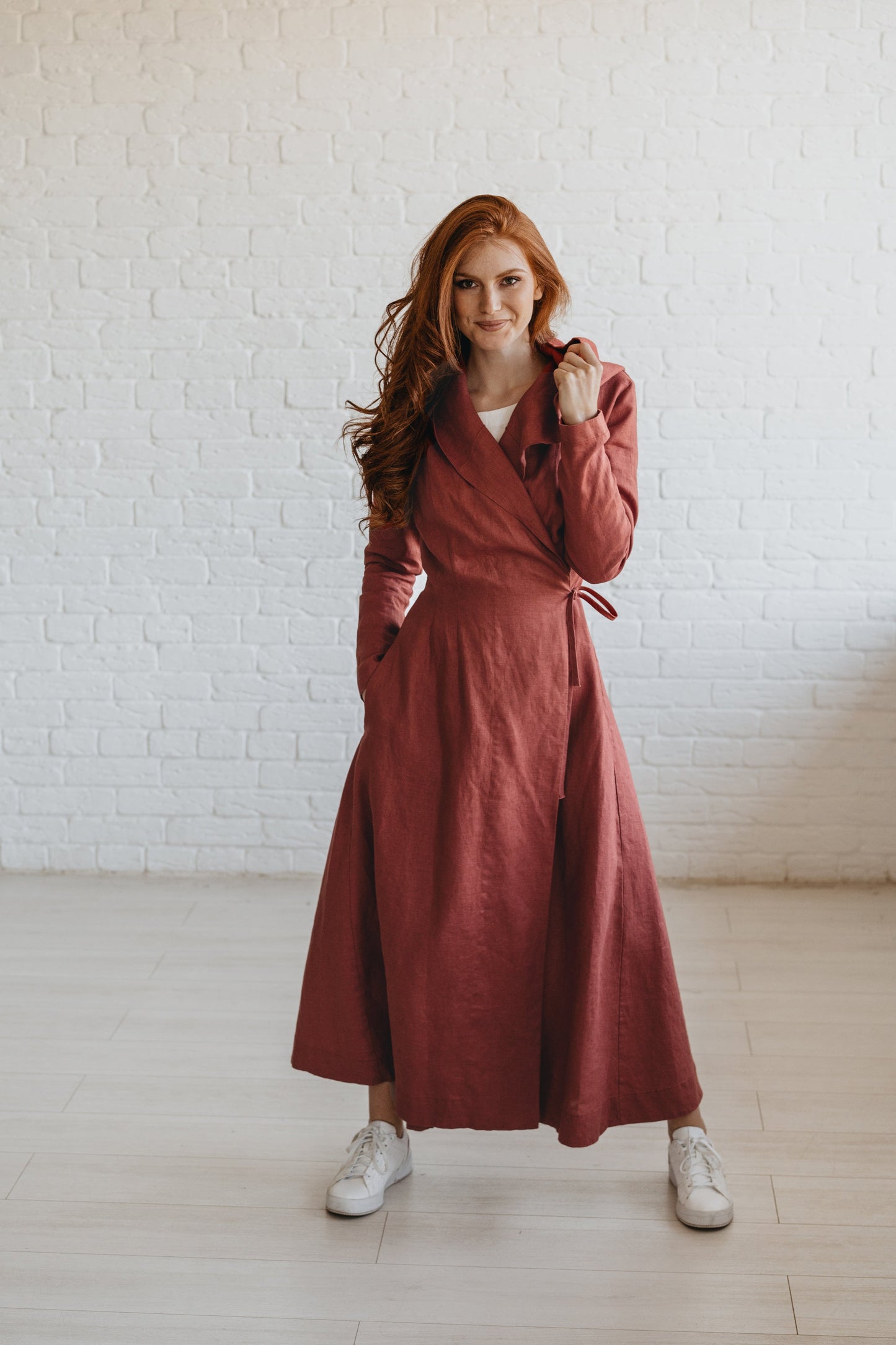 red dress brown coat 15 Statement Trench Coats to Try This Spring