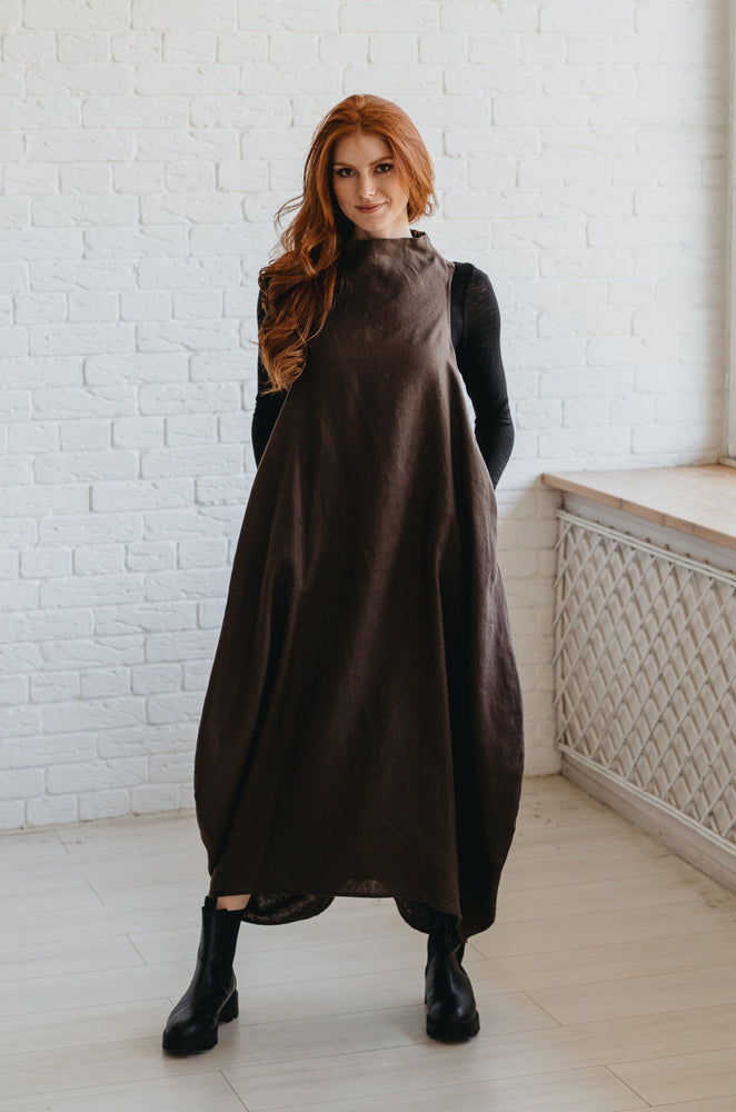 Cowl Neck Heavyweght Linen Dress-VisibleArtShop