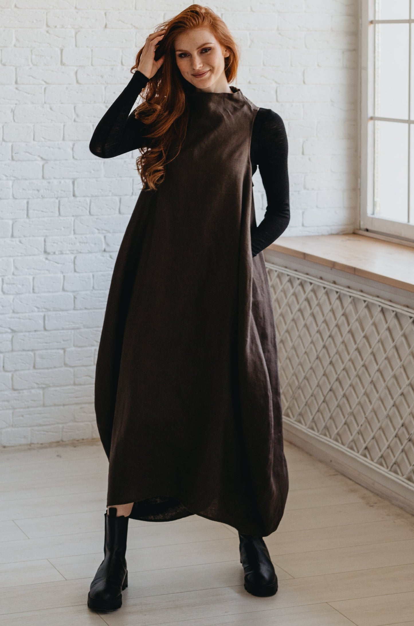 Cowl Neck Heavyweight Linen Dress – Elegant Unique Maxi Dress