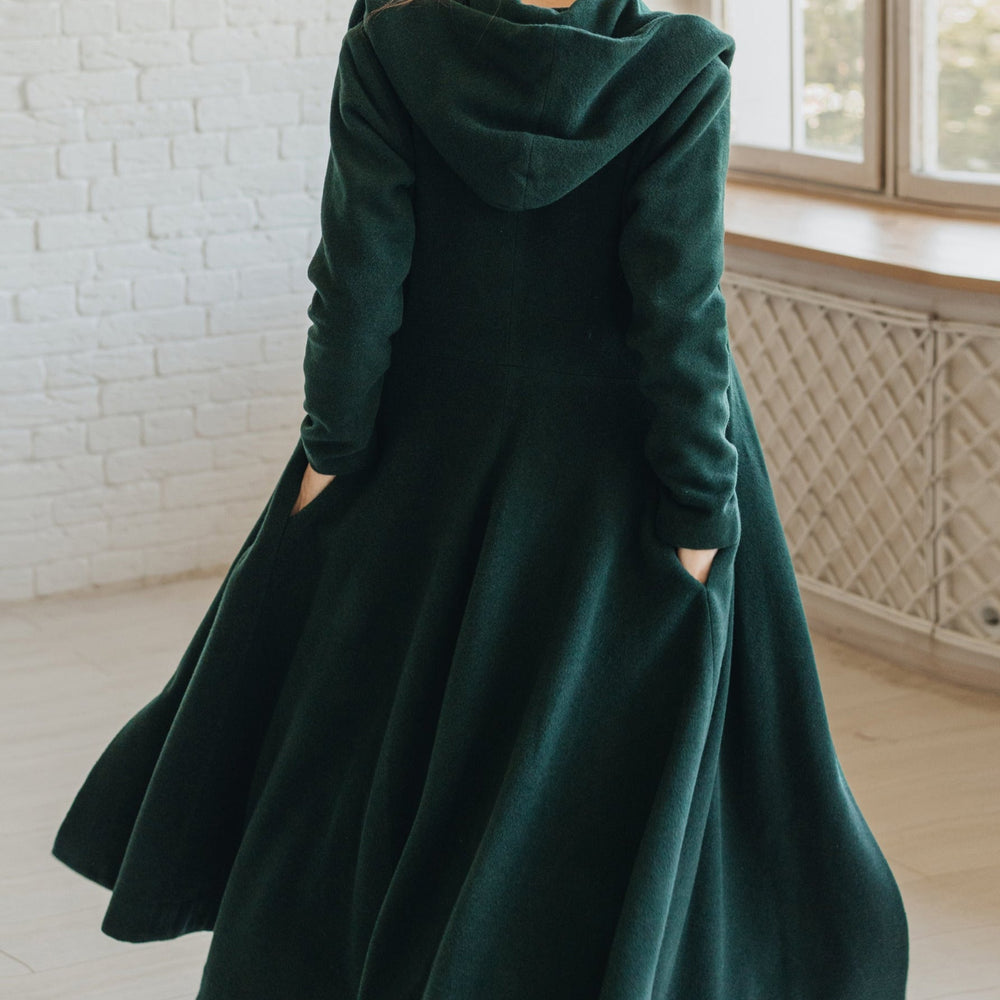 Feminine Winter Coat with Hoodie - Dark Green Wool Coat - Cape Coat - Swing Coat - Merino Wool Jacket - Princess Coat - Classic Winter Coat, S / Black Feminine Winter Coat with Hoodie - Dark Green Wool Coat - Cape Coat - Swing Coat - Merino Wool Jacket - Princess Coat - Classic Winter Coat, S / Black