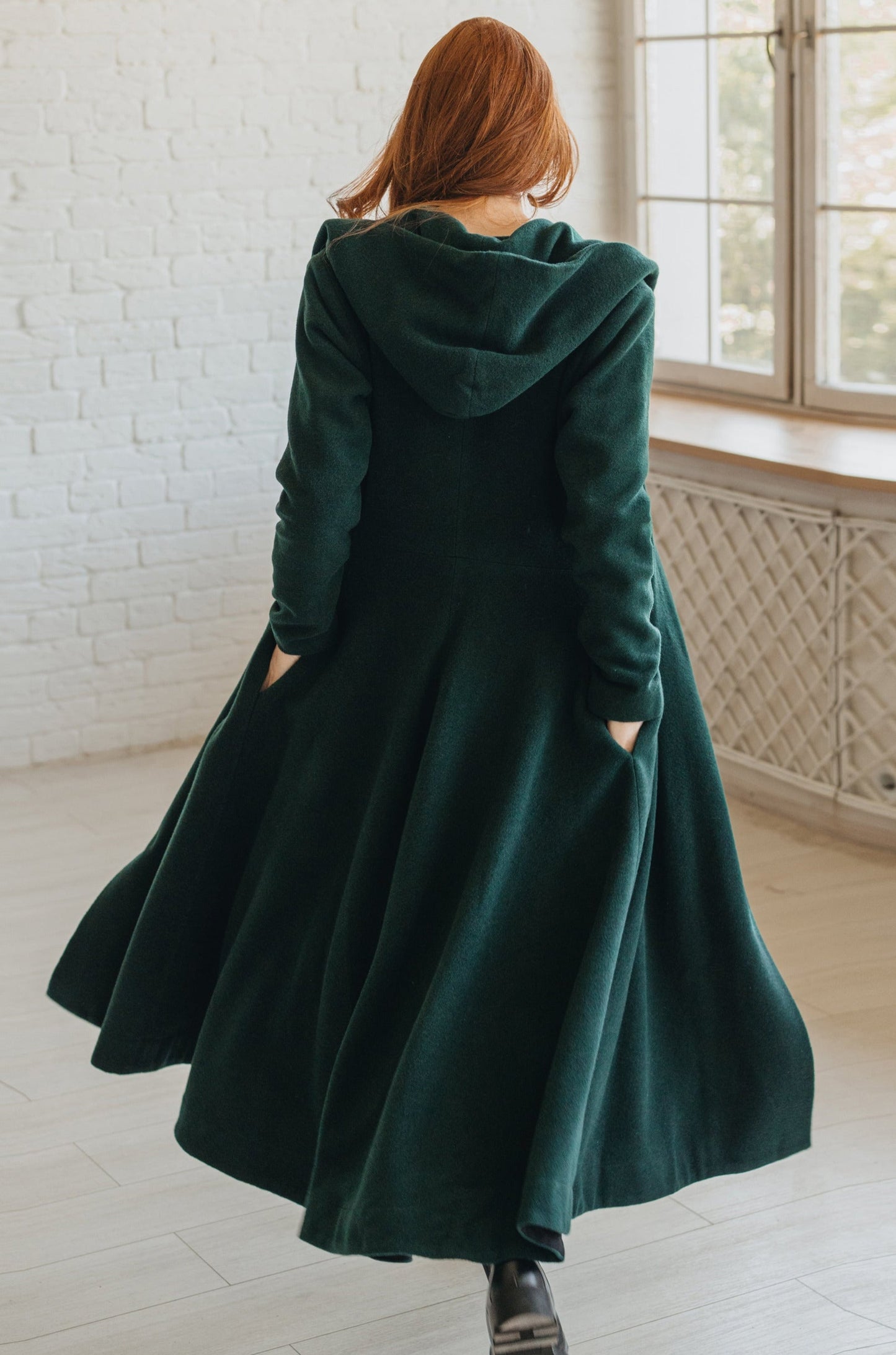 Feminine Winter Coat with Hoodie - Dark Green Wool Coat - Cape Coat - Swing Coat - Merino Wool Jacket - Princess Coat - Classic Winter Coat, S / Black Feminine Winter Coat with Hoodie - Dark Green Wool Coat - Cape Coat - Swing Coat - Merino Wool Jacket - Princess Coat - Classic Winter Coat, S / Black