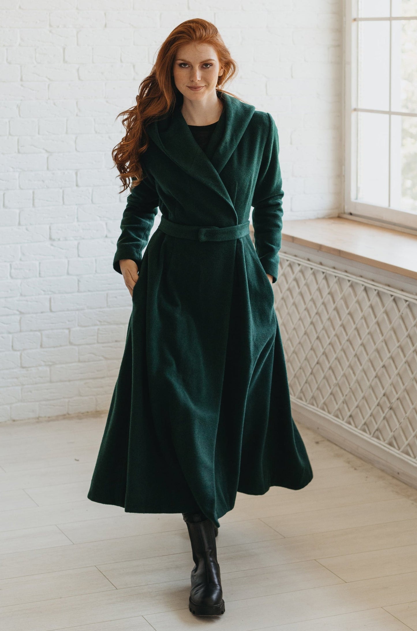Feminine Winter Coat with Hoodie - Dark Green Wool Coat - Cape Coat - Swing Coat - Merino Wool Jacket - Princess Coat - Classic Winter Coat, S / Black Feminine Winter Coat with Hoodie - Dark Green Wool Coat - Cape Coat - Swing Coat - Merino Wool Jacket - Princess Coat - Classic Winter Coat, S / Black