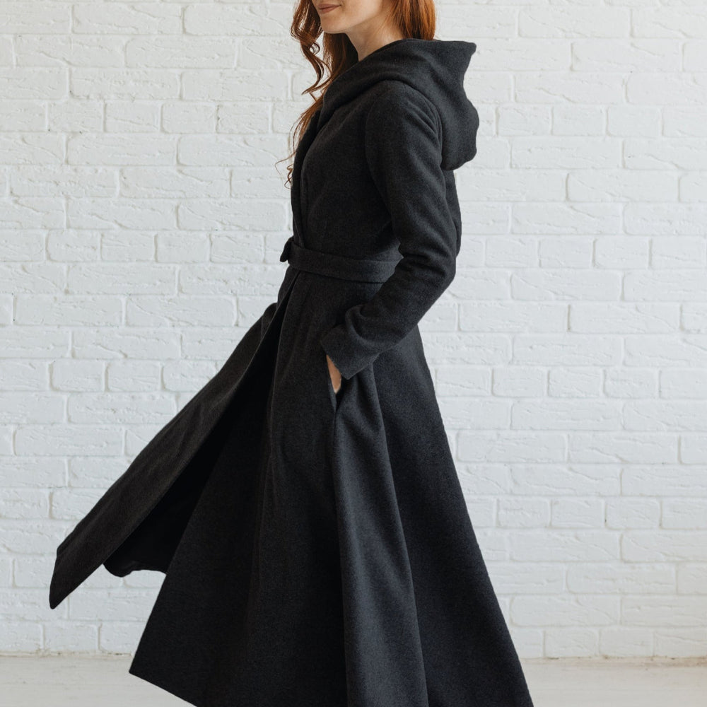 ladies black wool dress coat Black Wool Hooded Coat Vintage Maxi Overcoat for Women 1839 Black / XS