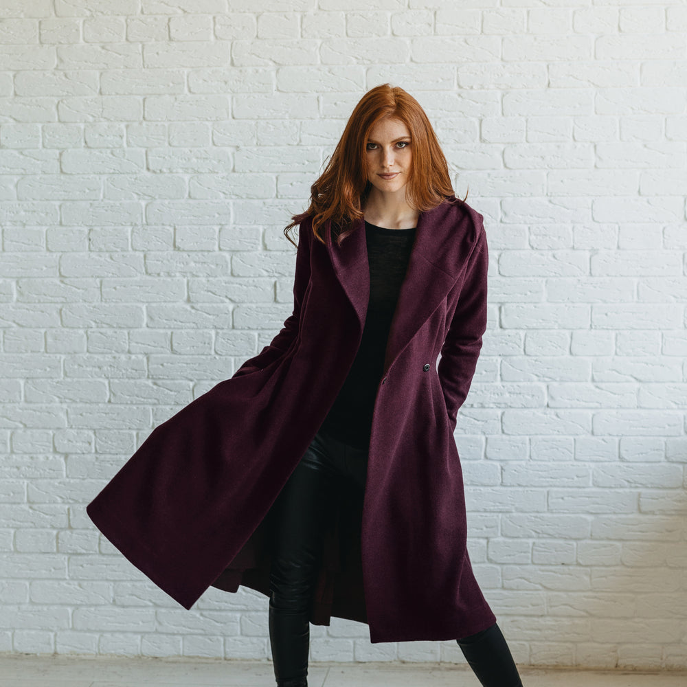 Merino Wool Coat in Midi Length with Hood and Pockets - visibleartshop