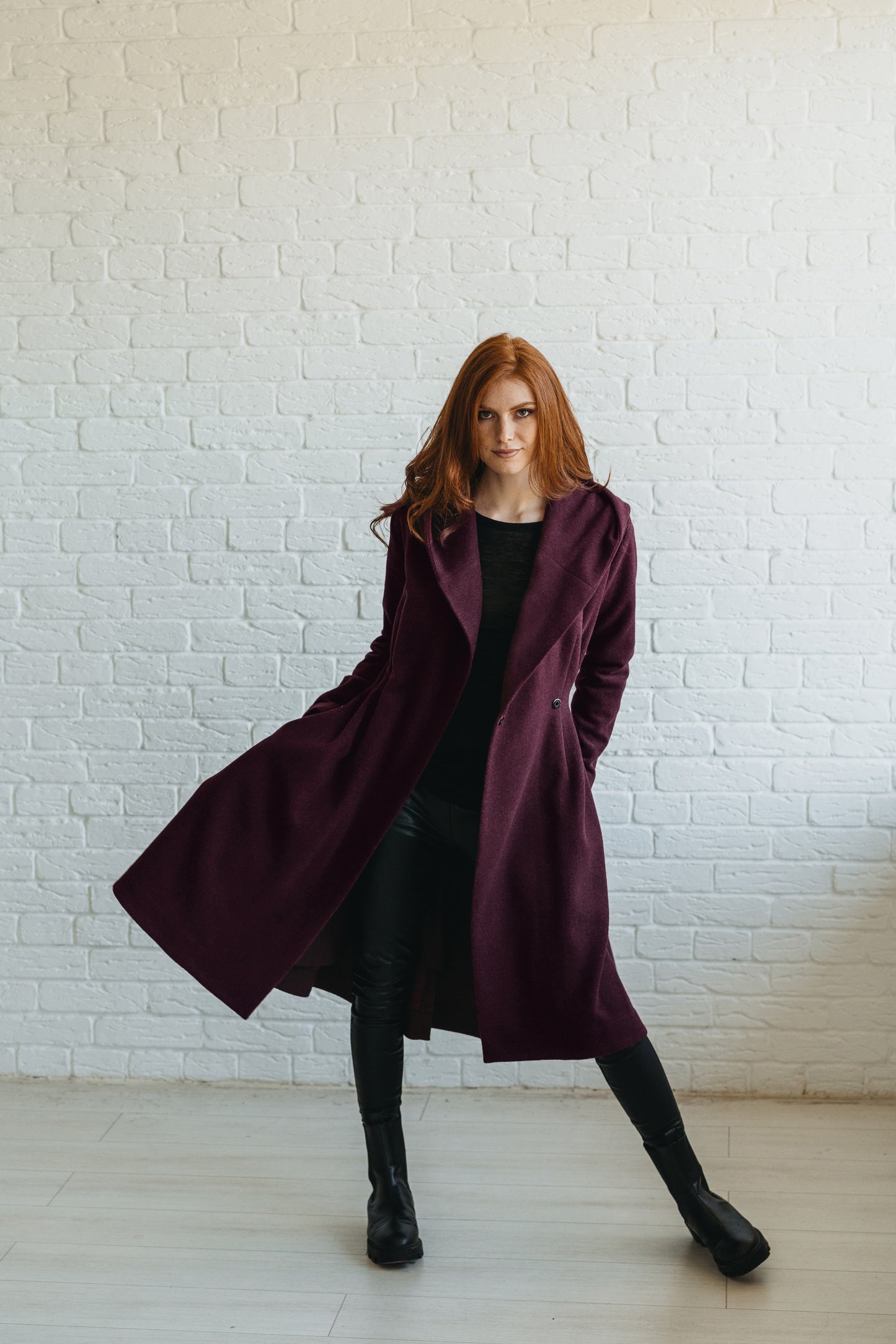 Merino Wool Coat in Midi Length with Hood and Pockets - visibleartshop