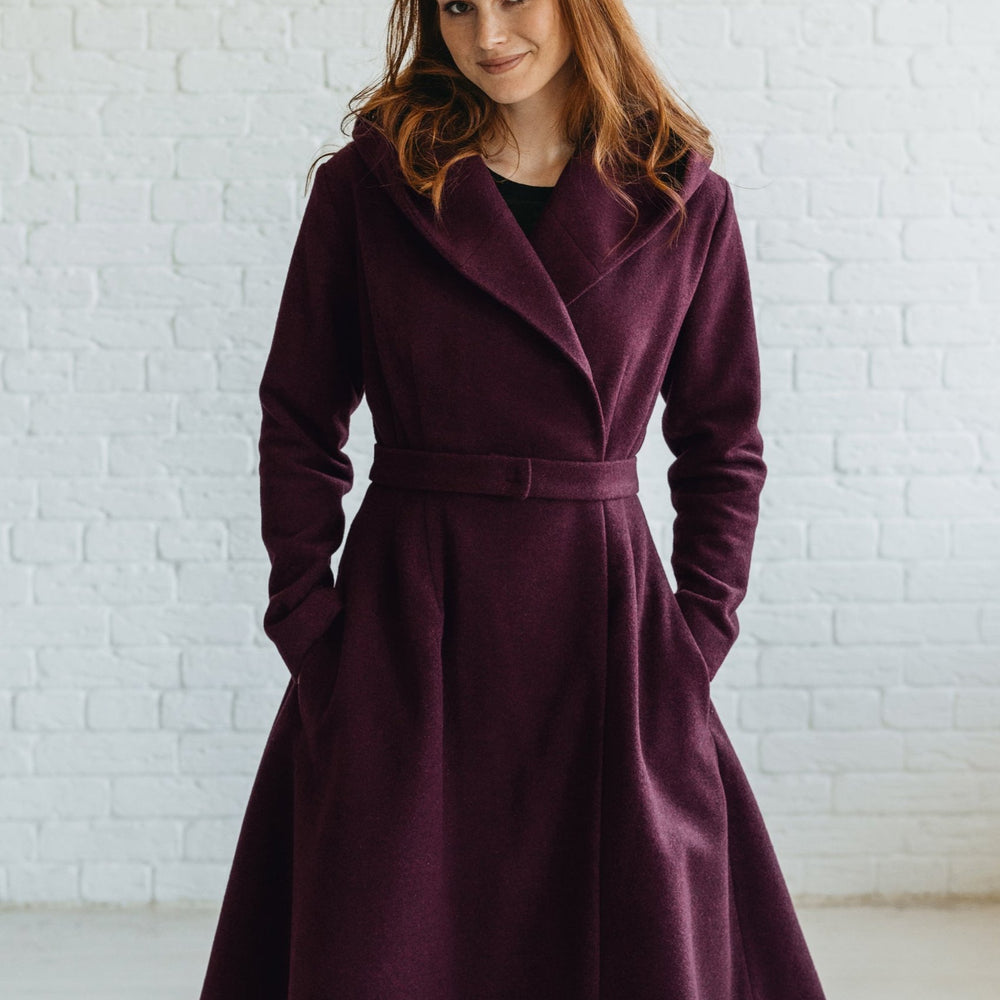 Merino Wool Coat in Midi Length with Hood and Pockets - visibleartshop