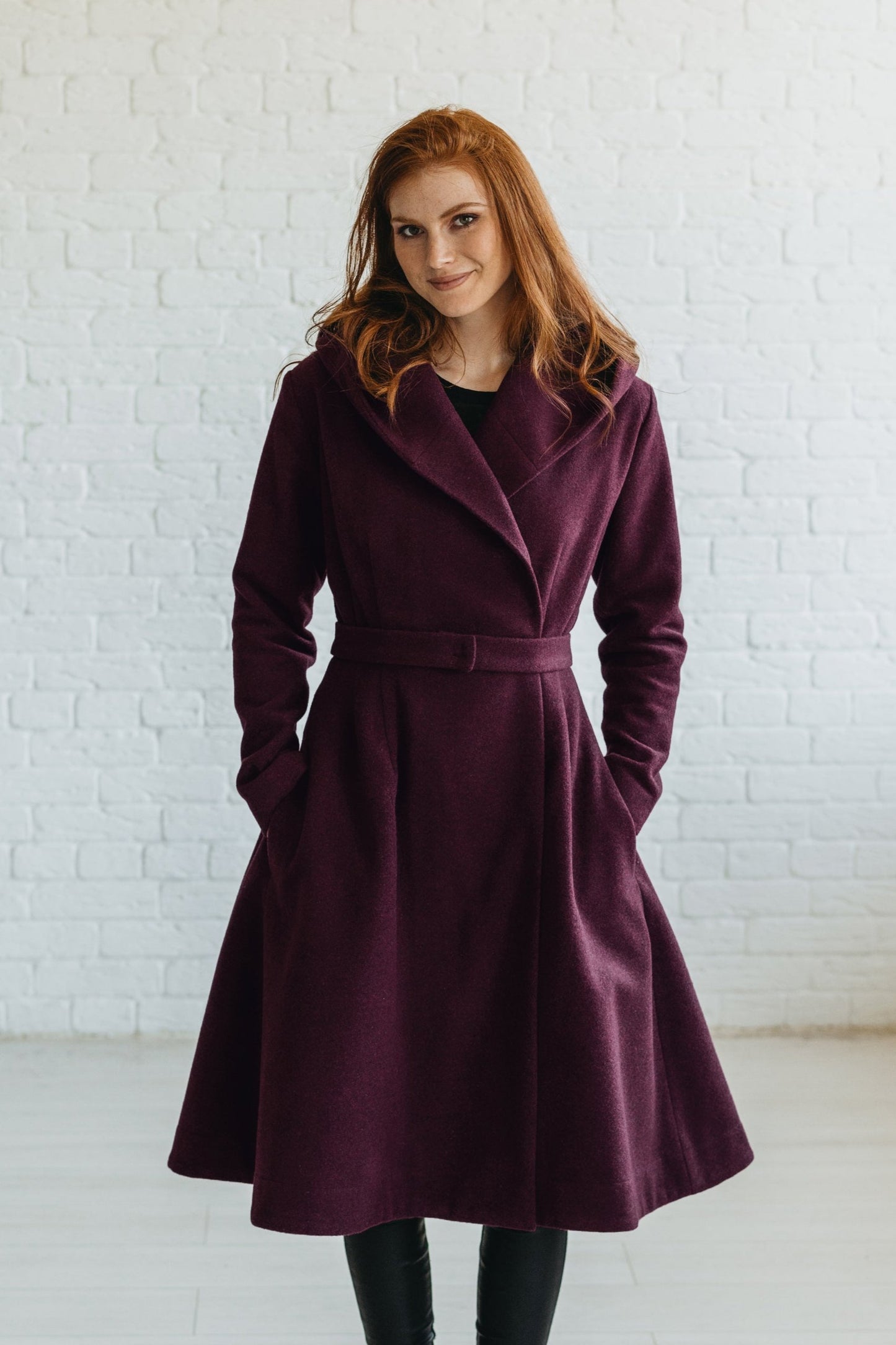 Merino Wool Coat in Midi Length with Hood and Pockets - visibleartshop