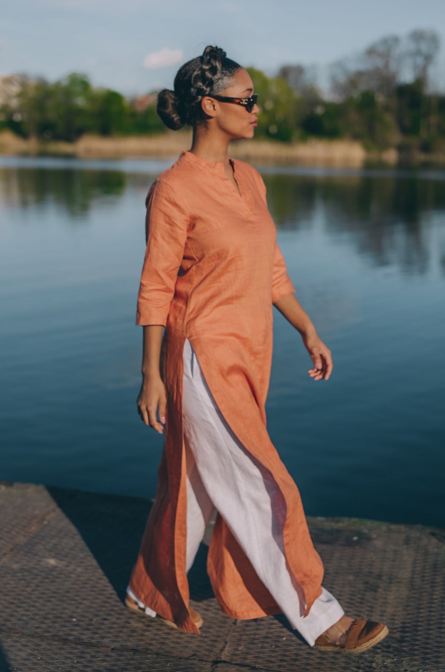 Summer Linen Tunic Dress, White Linen Shirt Dress, Linen Abaya Dress, Long Linen Tunic Top, Plus Size Linen Tunic, High Slit Tunic Dress, 3XL / White