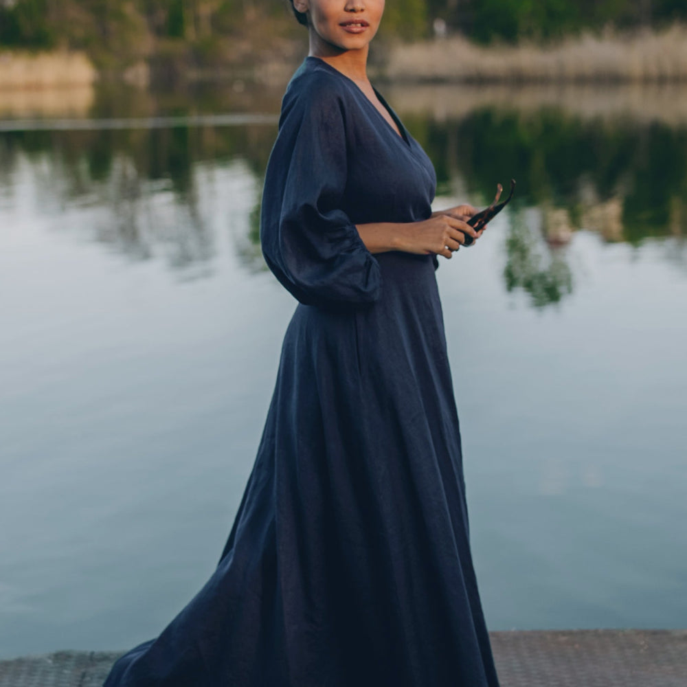 Navy Linen Maxi Dress With Sleeves Linen Maxi Dress Elegant Tie Waist Wrap Dress For Timeless Navy Linen Maxi Dress With Sleeves Linen Maxi Dress Elegant Tie Waist Wrap Dress For Timeless
