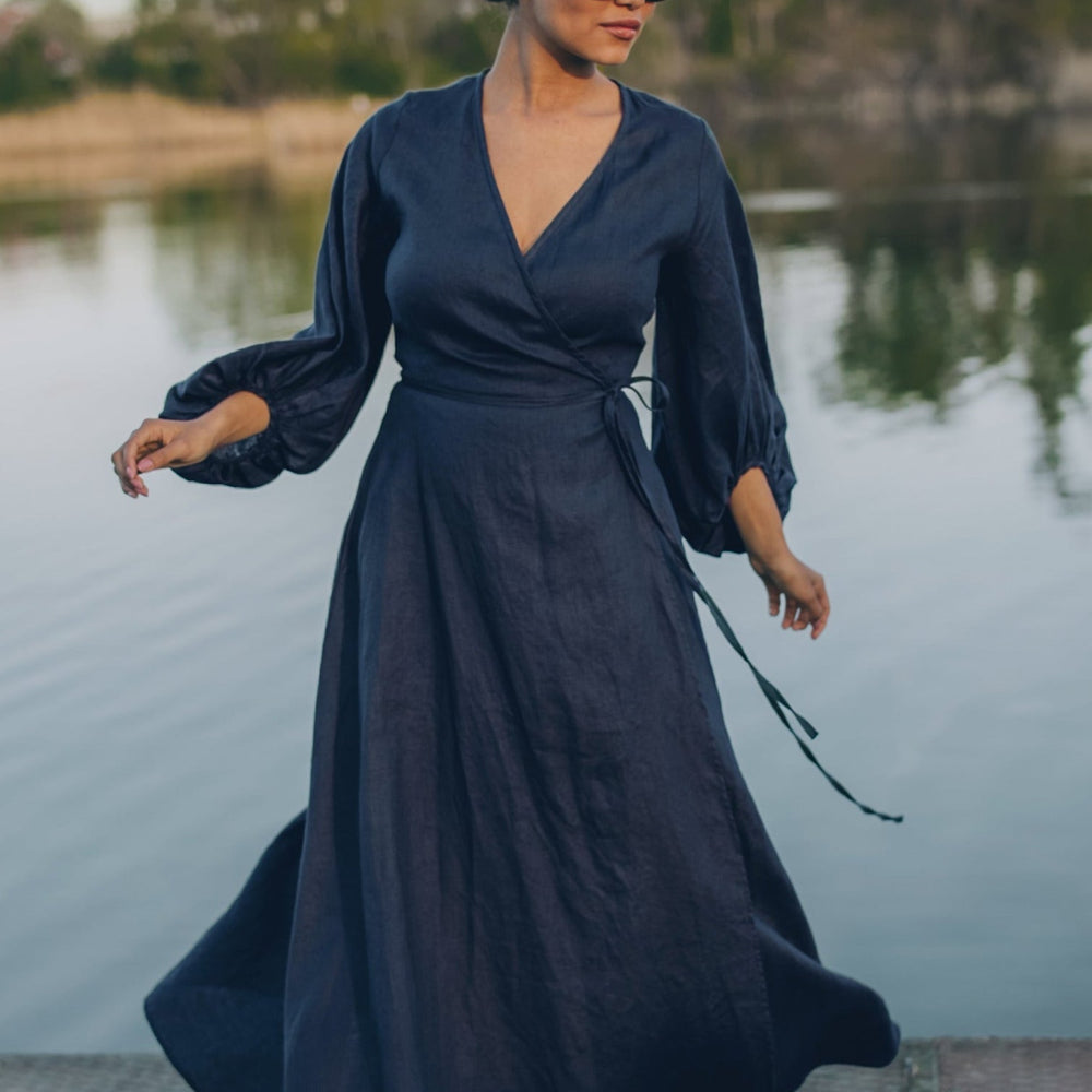 Linen Maxi Dress with Puff Sleeves - Linen Wrap Dress in Navy - Summer Plus Size Dress - Bell Sleeve Elegant Dress in Night Blue, L / Rusty Orange Linen Maxi Dress with Puff Sleeves - Linen Wrap Dress in Navy - Summer Plus Size Dress - Bell Sleeve Elegant Dress in Night Blue, L / Rusty Orange