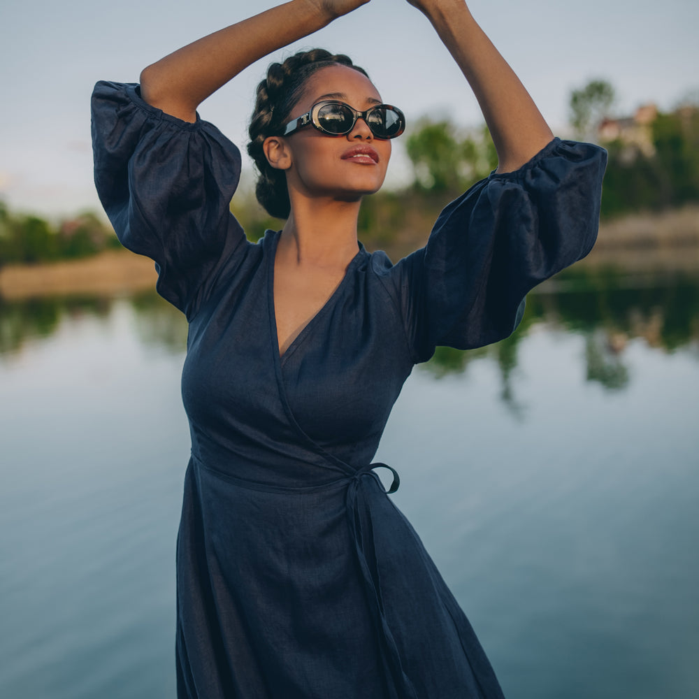 
                      
                        Linen Maxi Dress with Puff Sleeves
                      
                    