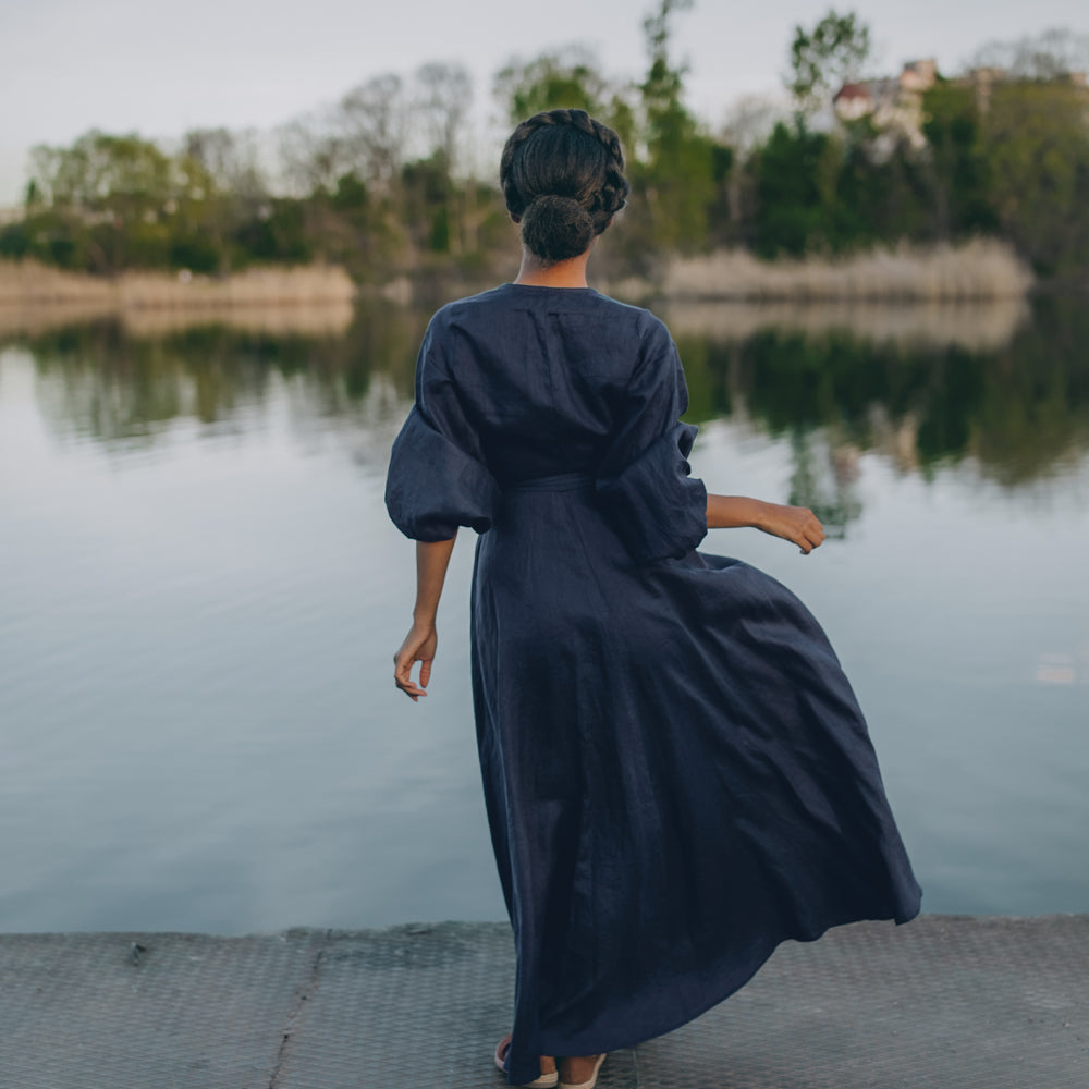 
                      
                        Linen Maxi Dress with Puff Sleeves
                      
                    