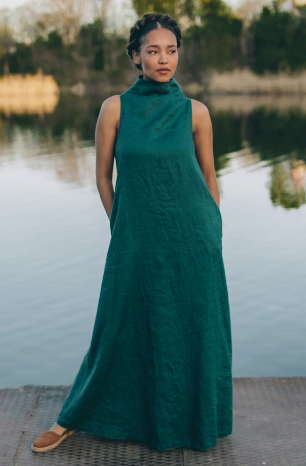 Minimalist Linen Maxi Dress with Cowl Neck