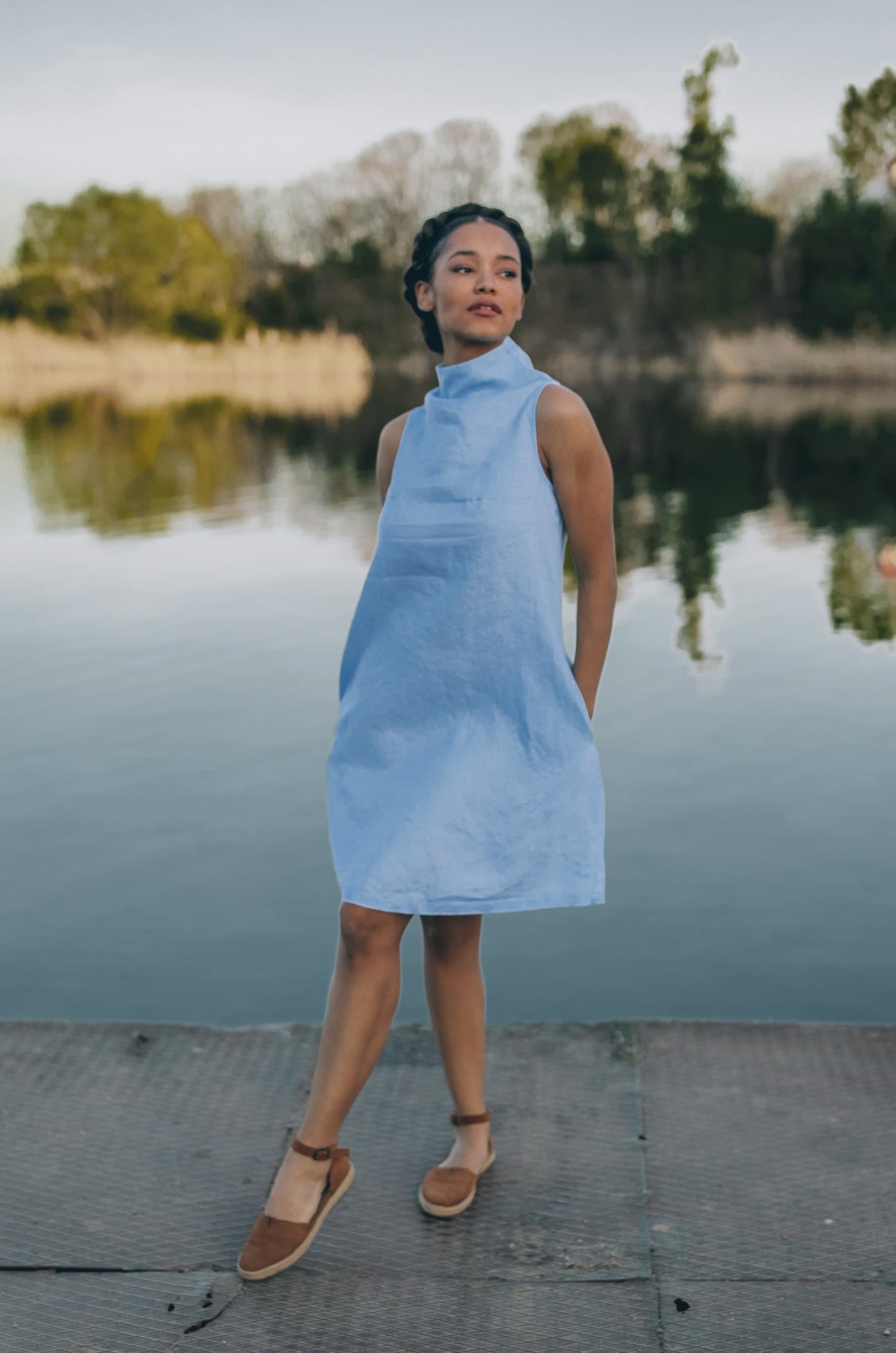 Short Linen Dress with Cowl Neck, 2XL / Light Blue Short Linen Dress with Cowl Neck, 2XL / Light Blue