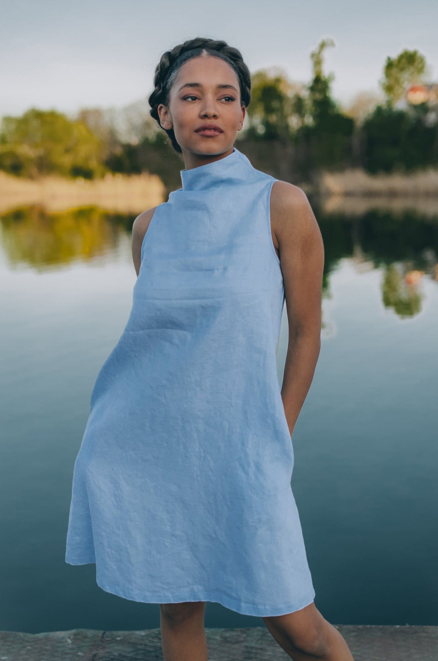 Short Linen Dress with Cowl Neck, 2XL / Light Blue Short Linen Dress with Cowl Neck, 2XL / Light Blue