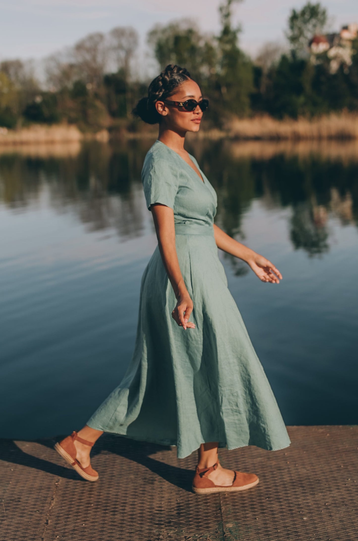 Midi Length Linen Wrap Dress with Short Sleeves - Summer Linen Wrap Dress - Wrap Midi Dress for Women - Plus Size Boho Linen Clothing, L / Blue Green Midi Length Linen Wrap Dress with Short Sleeves - Summer Linen Wrap Dress - Wrap Midi Dress for Women - Plus Size Boho Linen Clothing, L / Blue Green