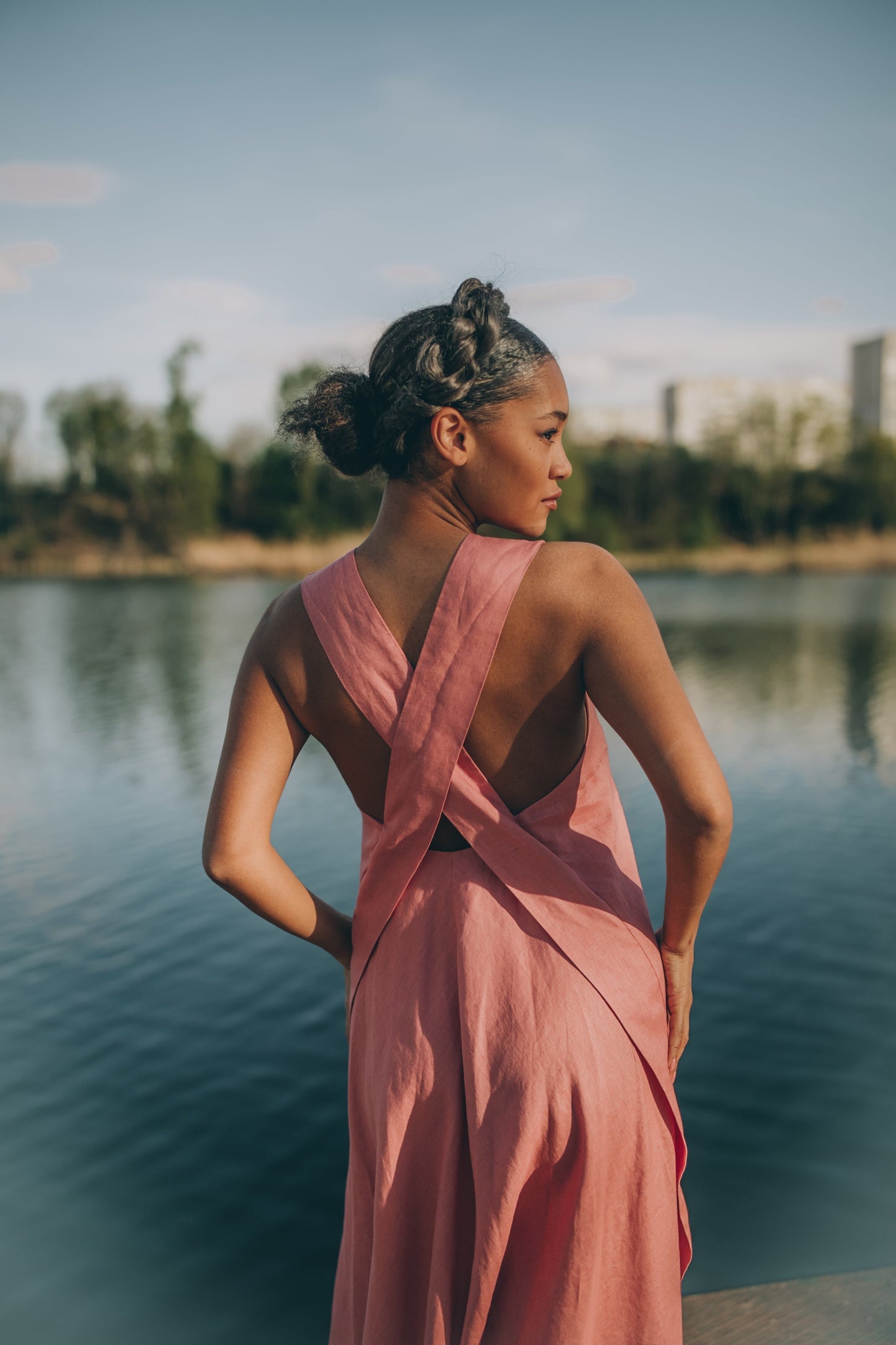 Cross-Back Linen Dress Elegant Maxi Gown for Summer Shop Now