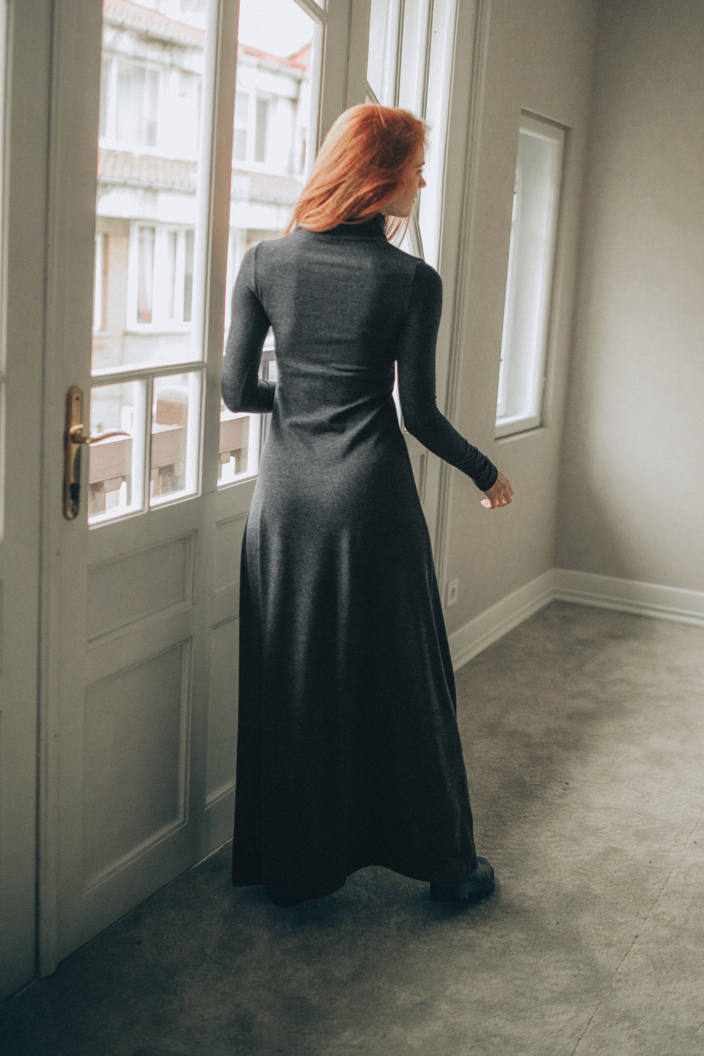 Cotton Maxi Turtleneck Dress, Gray Knitted Long Dress, Cotton Turtleneck Style, A-Line Silhouette, Fall Maxi Dress, M / Black Cotton Maxi Turtleneck Dress, Gray Knitted Long Dress, Cotton Turtleneck Style, A-Line Silhouette, Fall Maxi Dress, M / Black