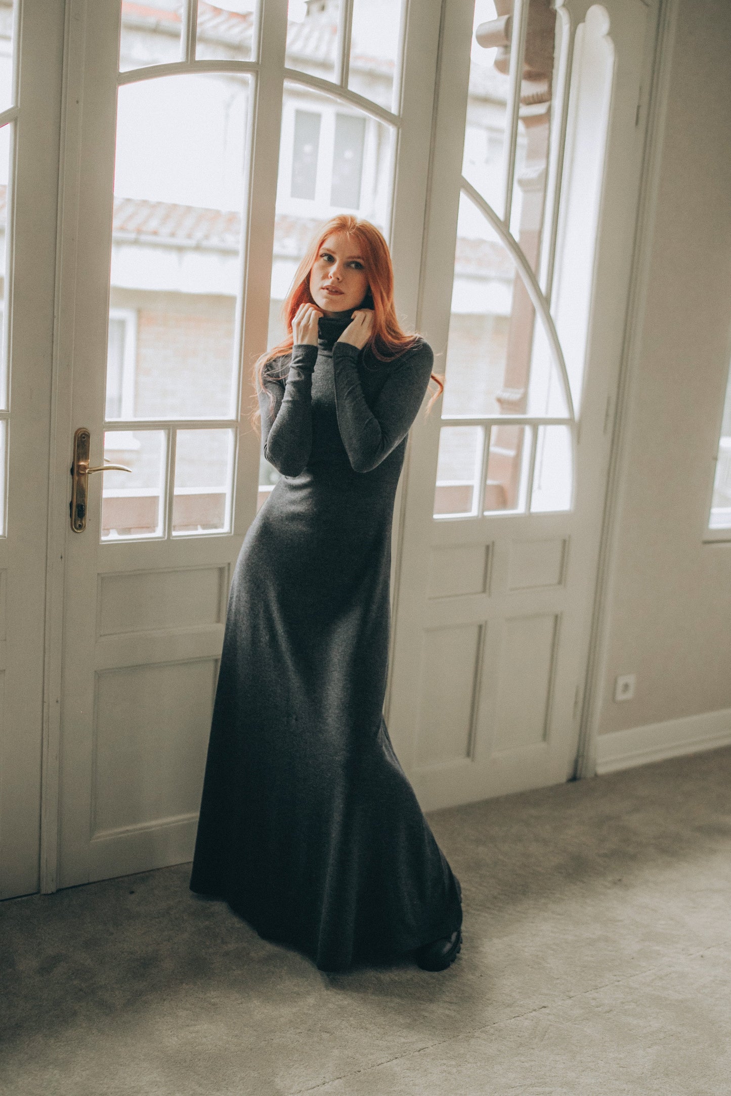 Cotton Maxi Turtleneck Dress, Gray Knitted Long Dress, Cotton Turtleneck Style, A-Line Silhouette, Fall Maxi Dress, M / Black Cotton Maxi Turtleneck Dress, Gray Knitted Long Dress, Cotton Turtleneck Style, A-Line Silhouette, Fall Maxi Dress, M / Black