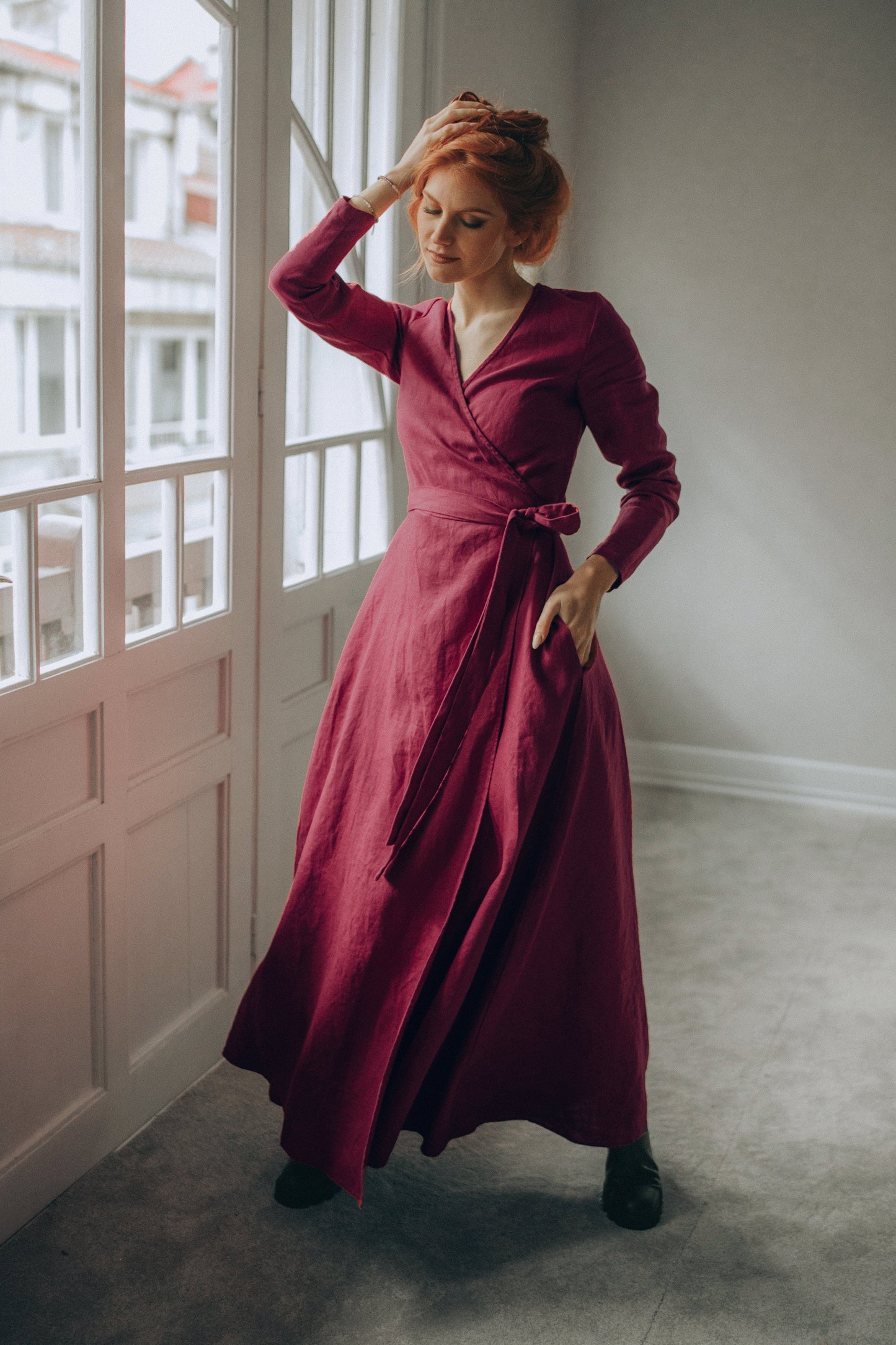 Heavyweight Linen Wrap Maxi Dress, V-Neck, Pockets, Boho Spring Clothing, Plus Size, XL / Chocolate