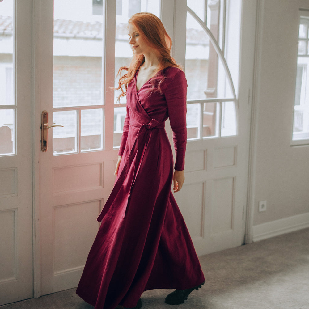 linen burgundy dress Heavyweight Wrap Maxi Dress, V-Neck, Pockets, Boho Spring Clothing, Plus Size, XL / Chocolate a timeless and vintage BODY LENGTH:131CM Aerie Womens Maxi Dress Option:No Cape