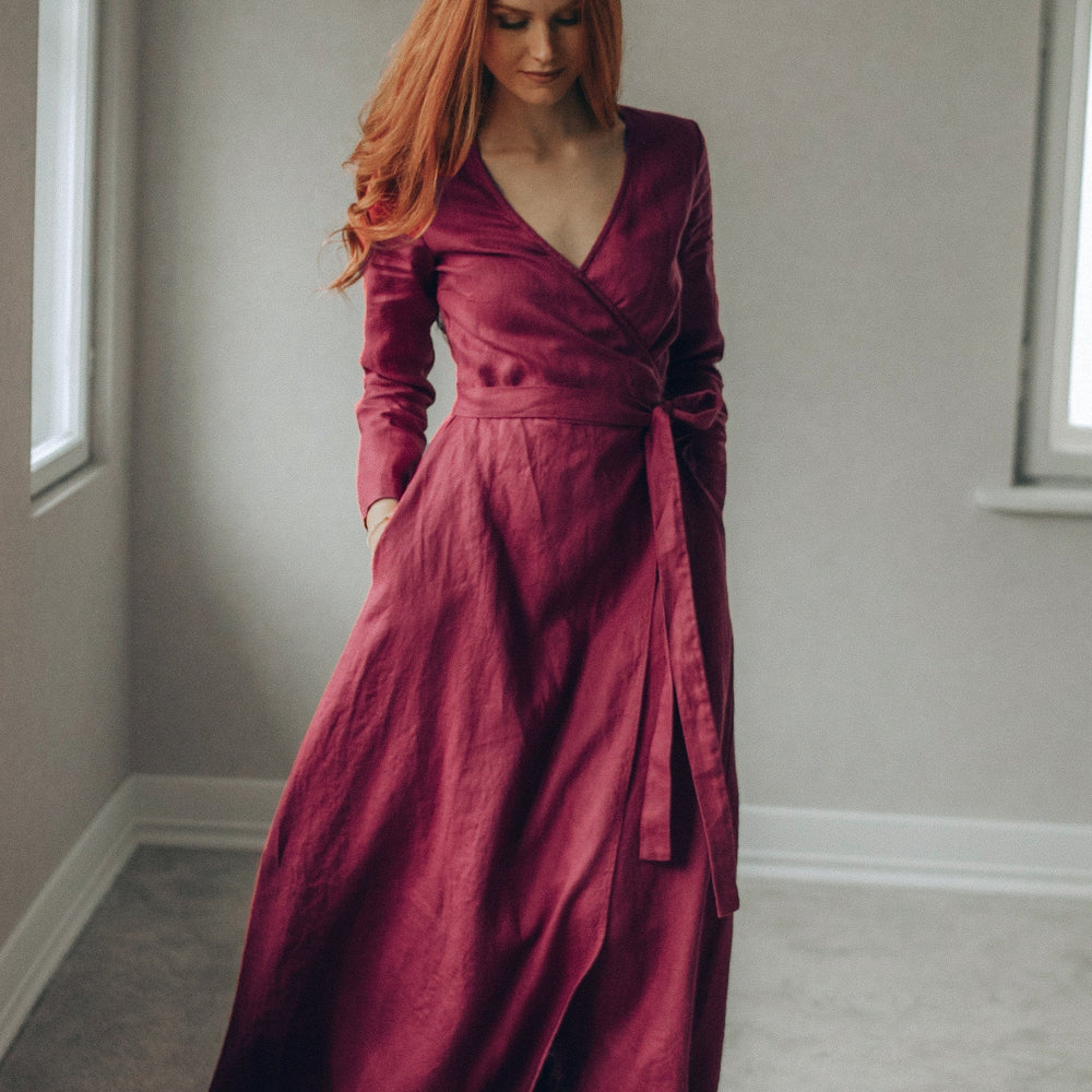 burgundy wrap dress maxi Burgundy Linen Maxi Dress with Pockets & Tie Waist, Long Sleeve