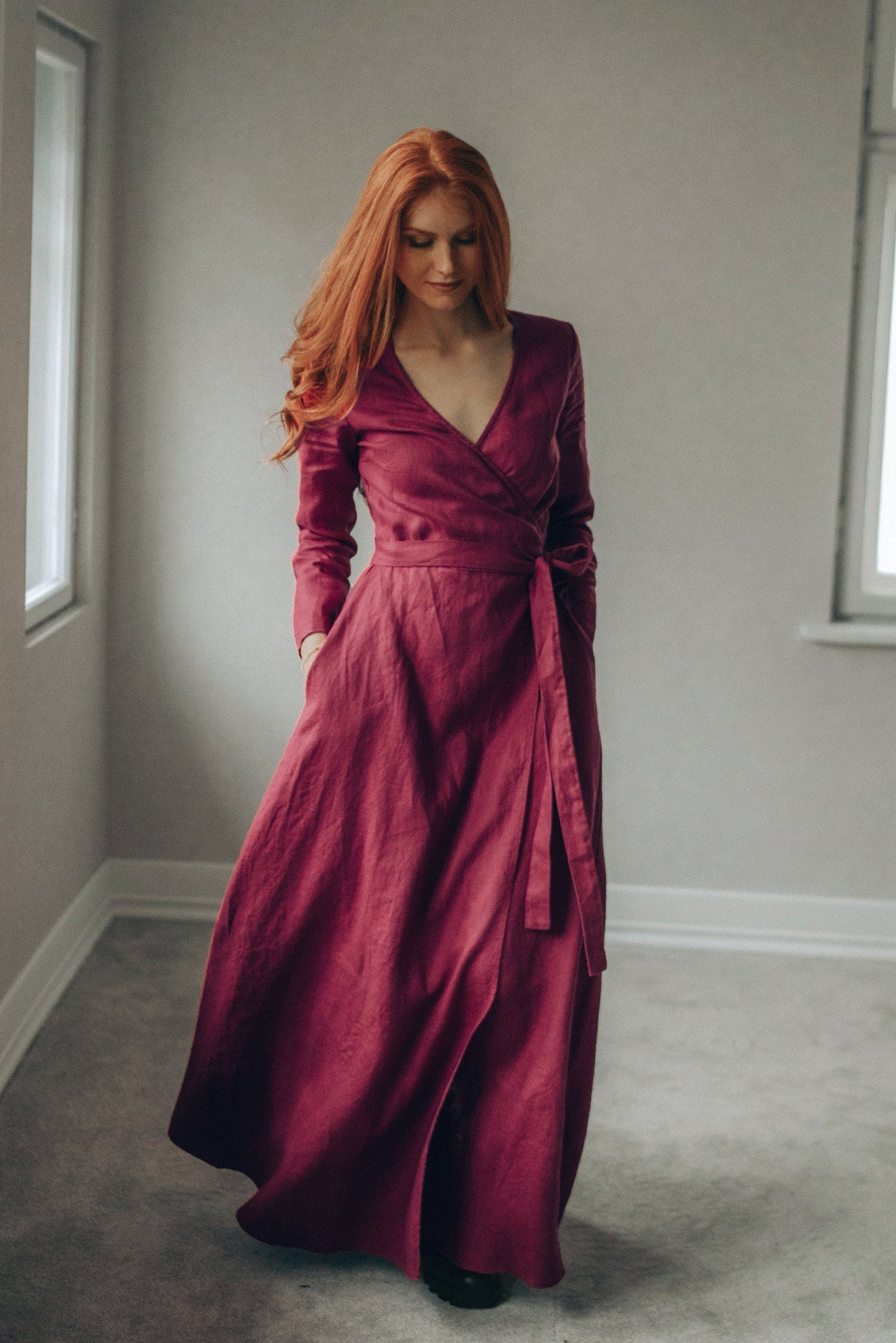 A-Line linen wrap dress maxi length with V-neck and tie waist in heavyweight fabric