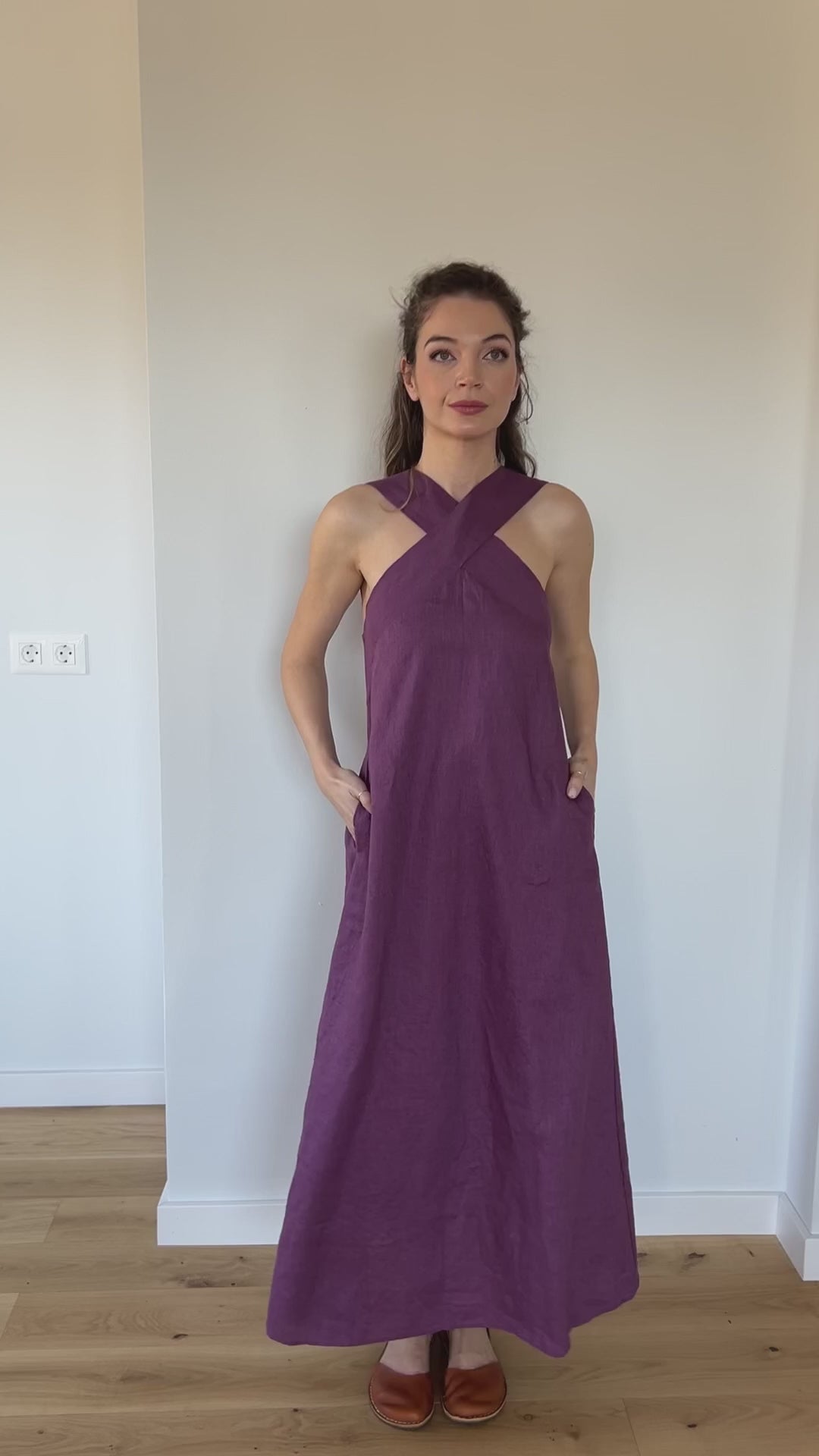 Linen Midi Dress: Cross-Front Neckline, Open Back