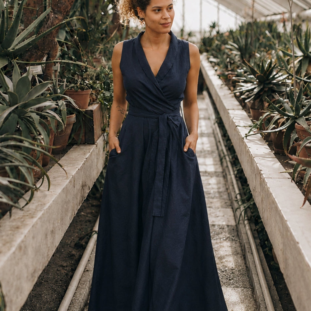 evening wrap dress Dark Green Satin With Flutter Sleeves 170 cm (66.9 in) Sleeveless Linen Maxi Dress