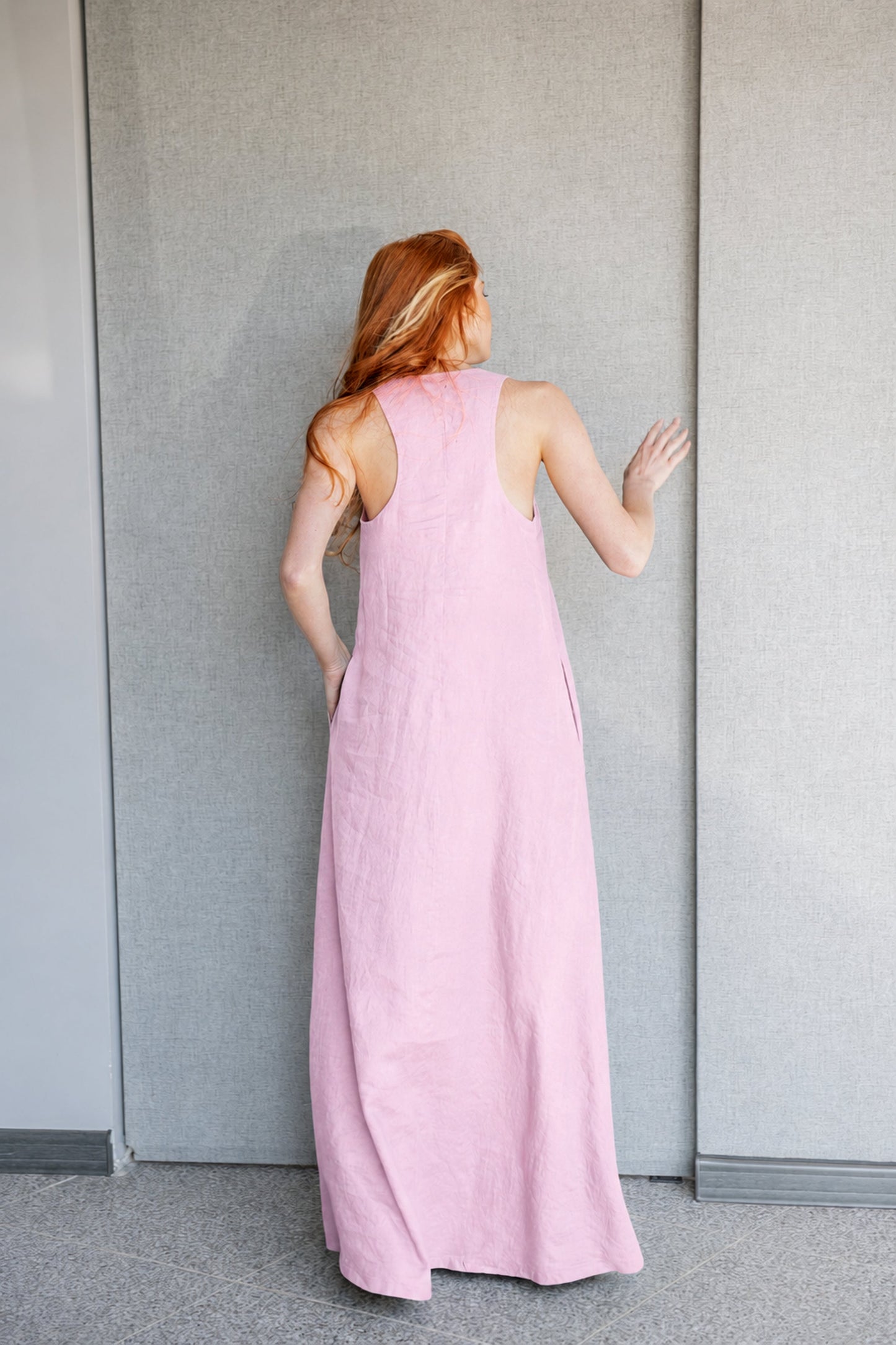 pink linen summer dress Blush Pink Linen Dress, Button Down Midi Dress with Ruffles, Bust Pockets, Romantic Linen Summer Shirt Dress, Handmade Soft Pink Linen Dress