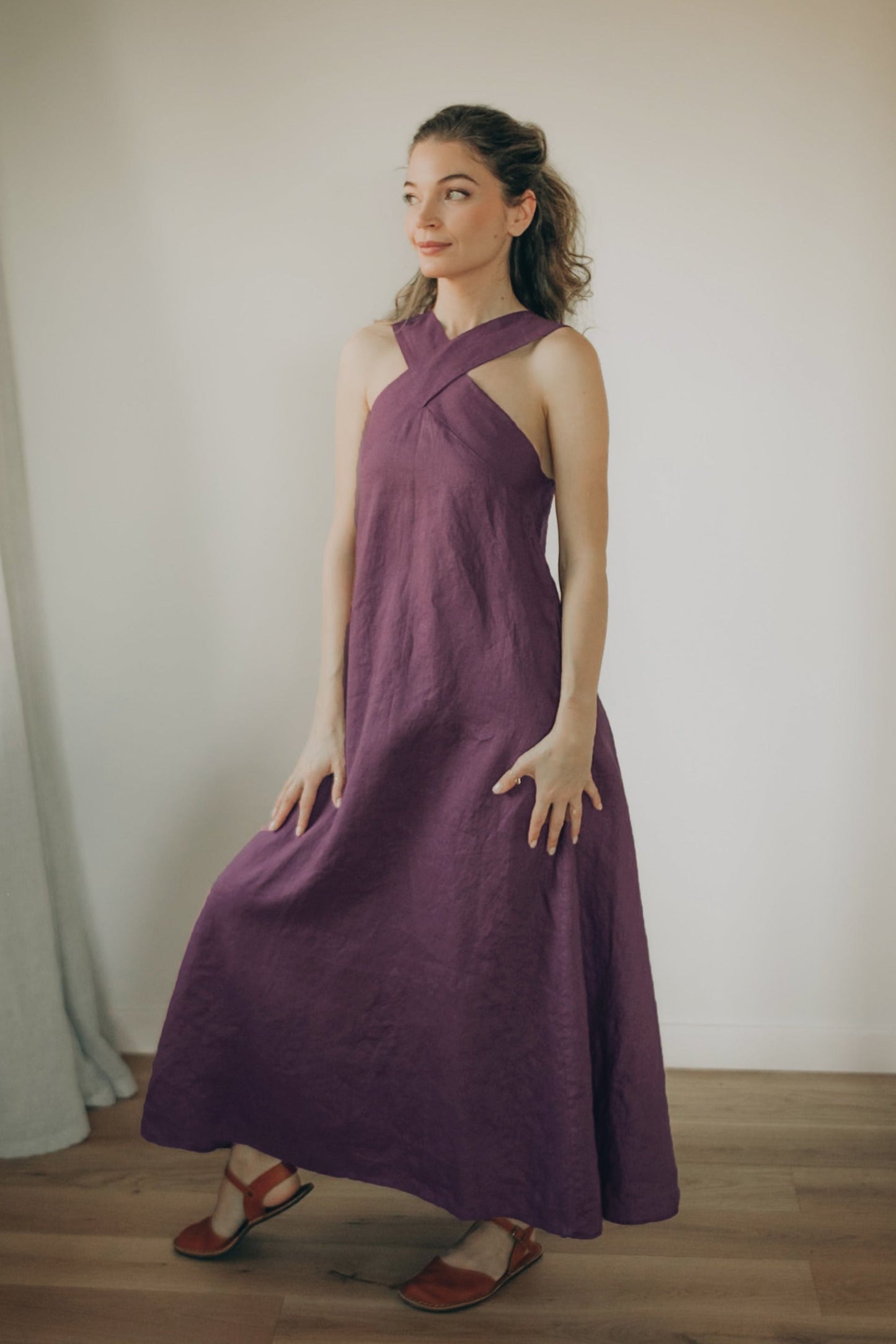 Linen midi dress with cross-front neckline and open back in lightweight breathable fabric