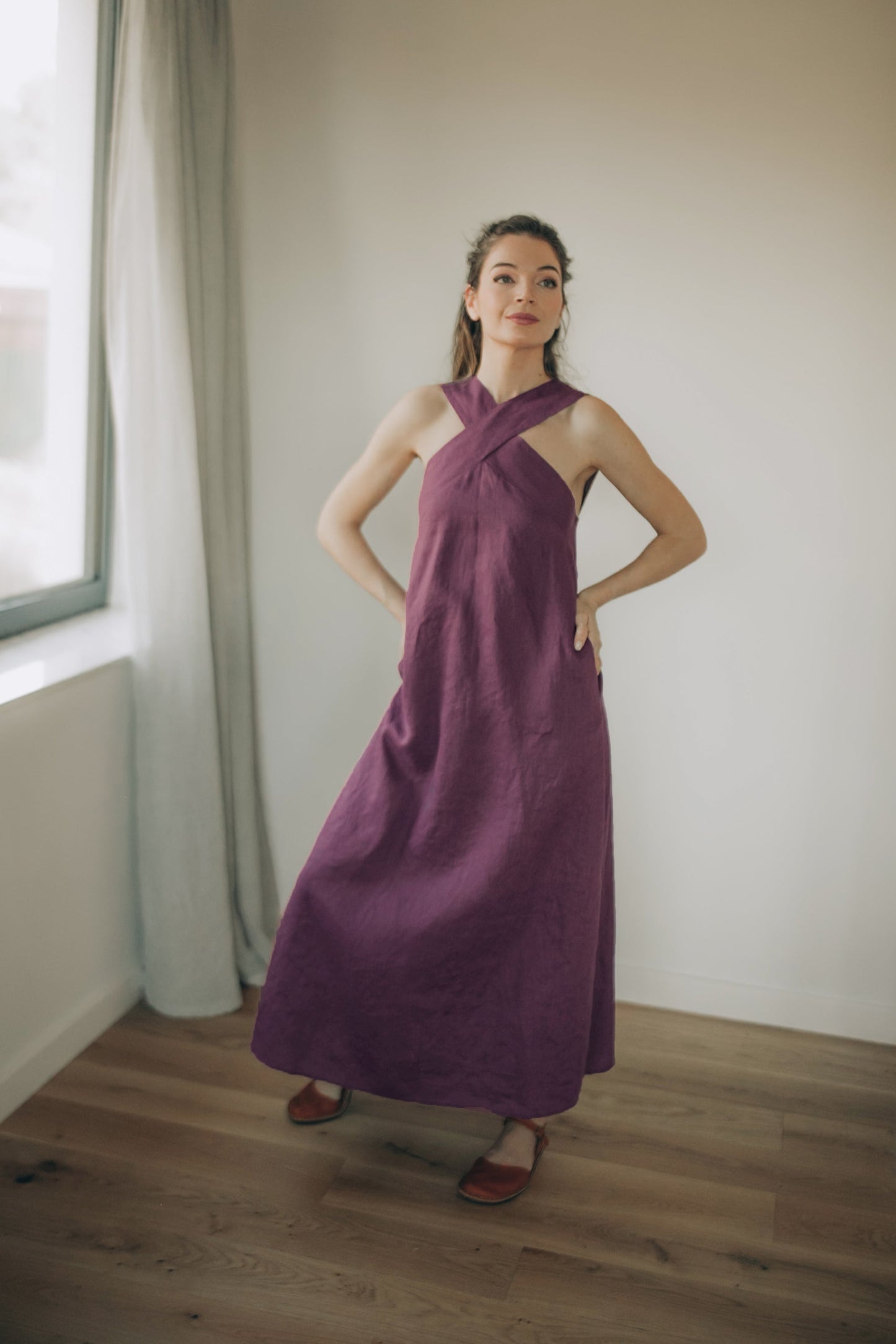 Linen midi dress with cross-front neckline and open back in lightweight breathable fabric